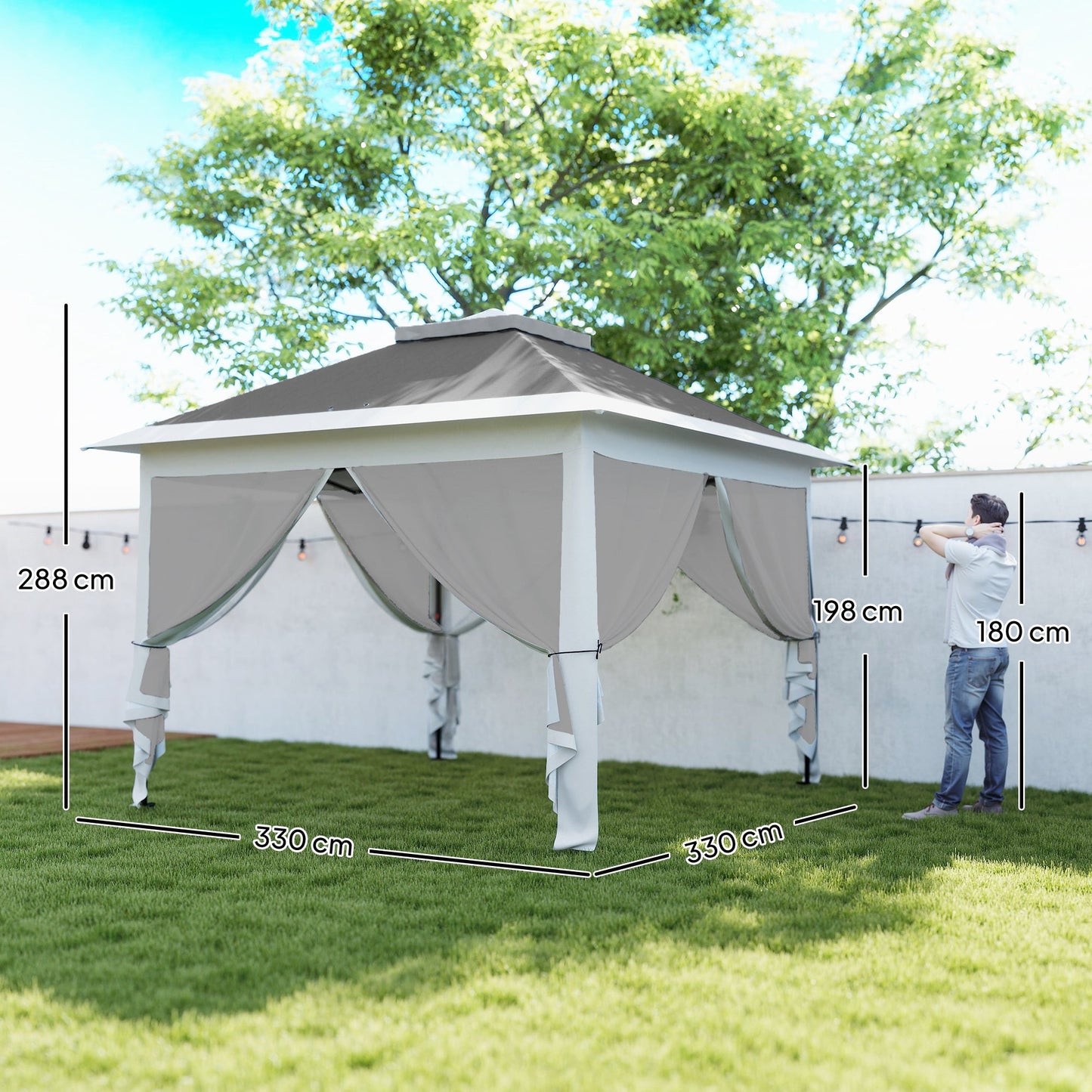 3.3 x 3.3m Pop Up Gazebo, Double Roof Foldable Canopy Tent with Zipped Mesh Sidewalls, Height Adjustable and Carrying Bag, Event Tent for Patio Garden, Dark Grey