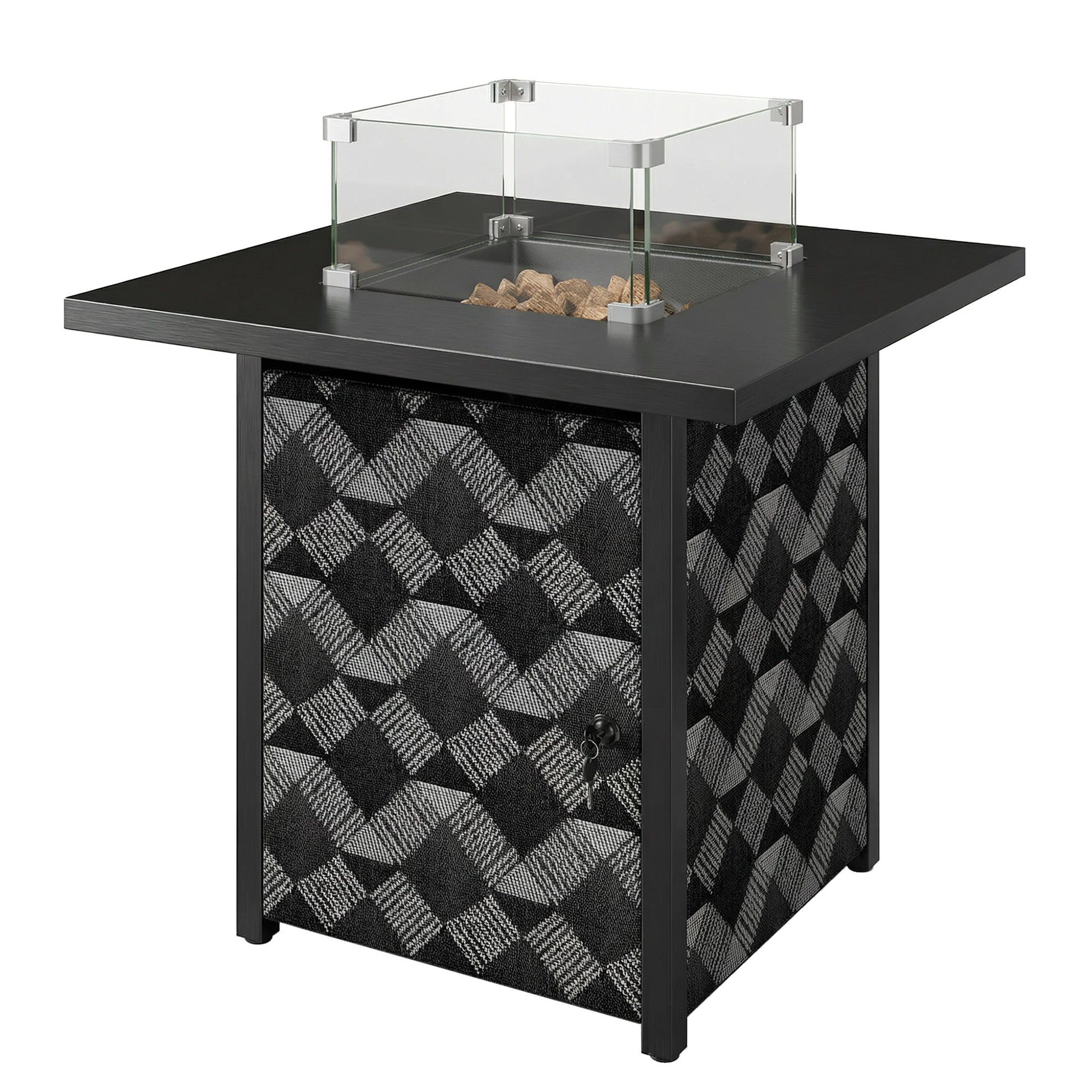 Square Propane Gas Fire Pit Table,12 KW Firepit Outdoor Patio Heater with Proof Net and Glass Wind Guard, Lava Rocks, Gas Tank Holder, Outdoor Firepits for Garden Patio, Black