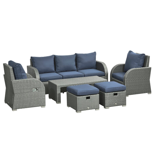 Rattan Garden Sofa Set With 3 Seater Sofa, 2 Reclining Single Sofa, Coffee Table, Footstool, Space-saving Outdoor Patio Wicker Furniture Set - Blue