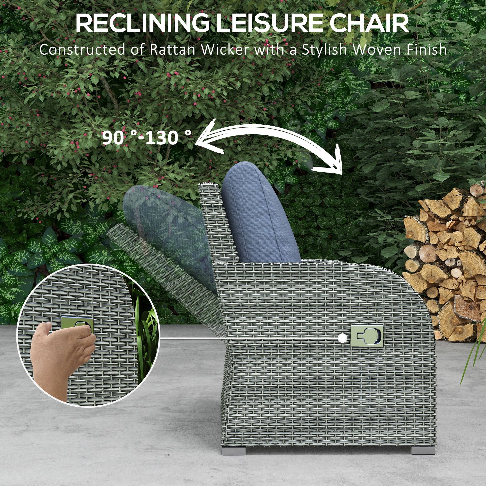 Rattan Garden Sofa Set With 3 Seater Sofa, 2 Reclining Single Sofa, Coffee Table, Footstool, Space-saving Outdoor Patio Wicker Furniture Set - Blue