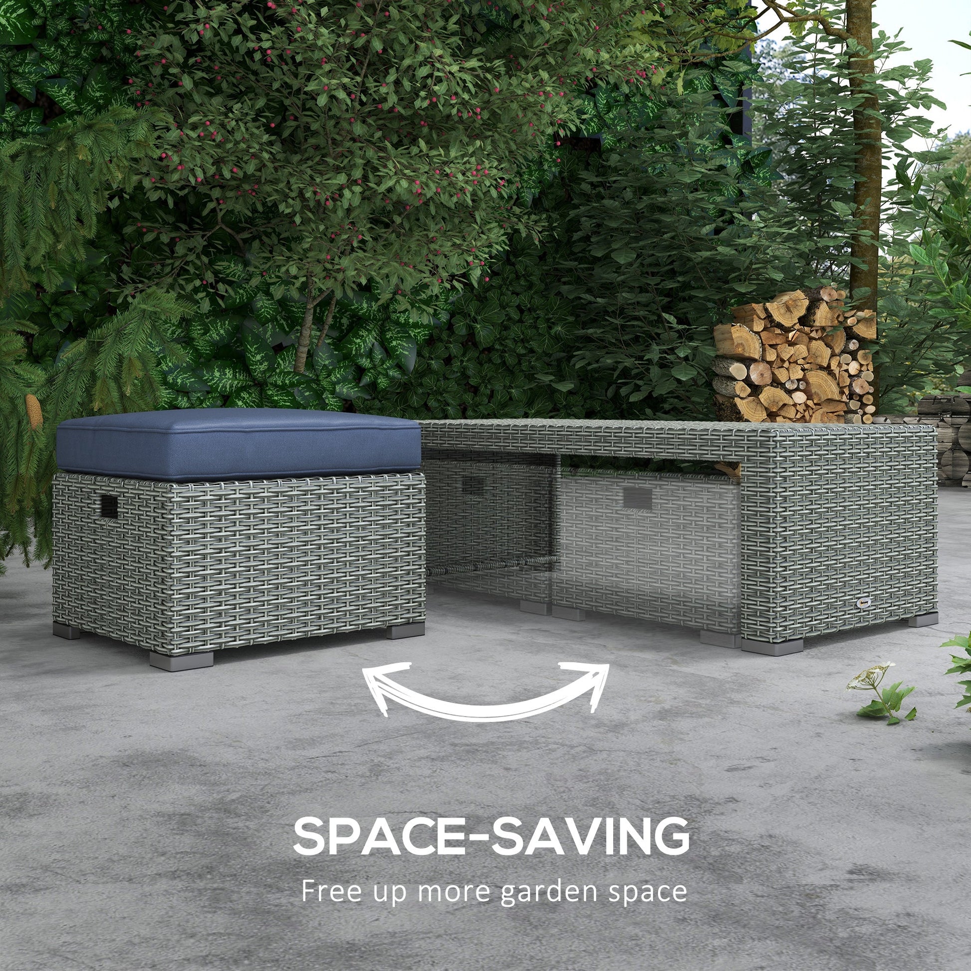 Rattan Garden Sofa Set With 3 Seater Sofa, 2 Reclining Single Sofa, Coffee Table, Footstool, Space-saving Outdoor Patio Wicker Furniture Set - Blue