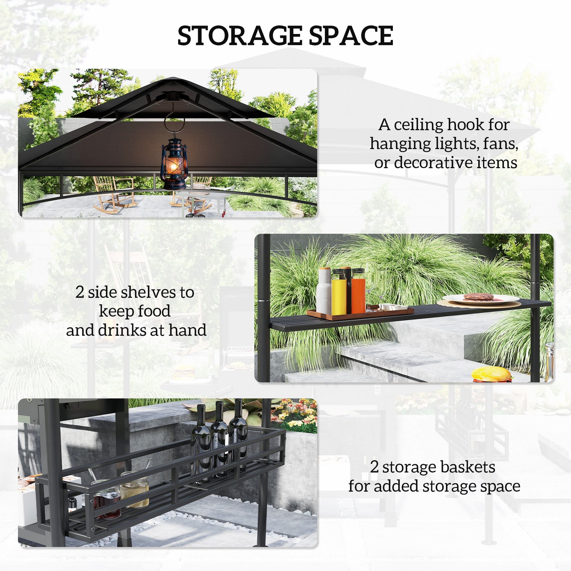 8' x 5' Grill Gazebo Canopy, Double Tiered Outdoor BBQ Gazebo Shelter with 2 Side Shelves, Storage Baskets, Hook for Garden, Patio, Barbecue, Picnic, Dark Grey