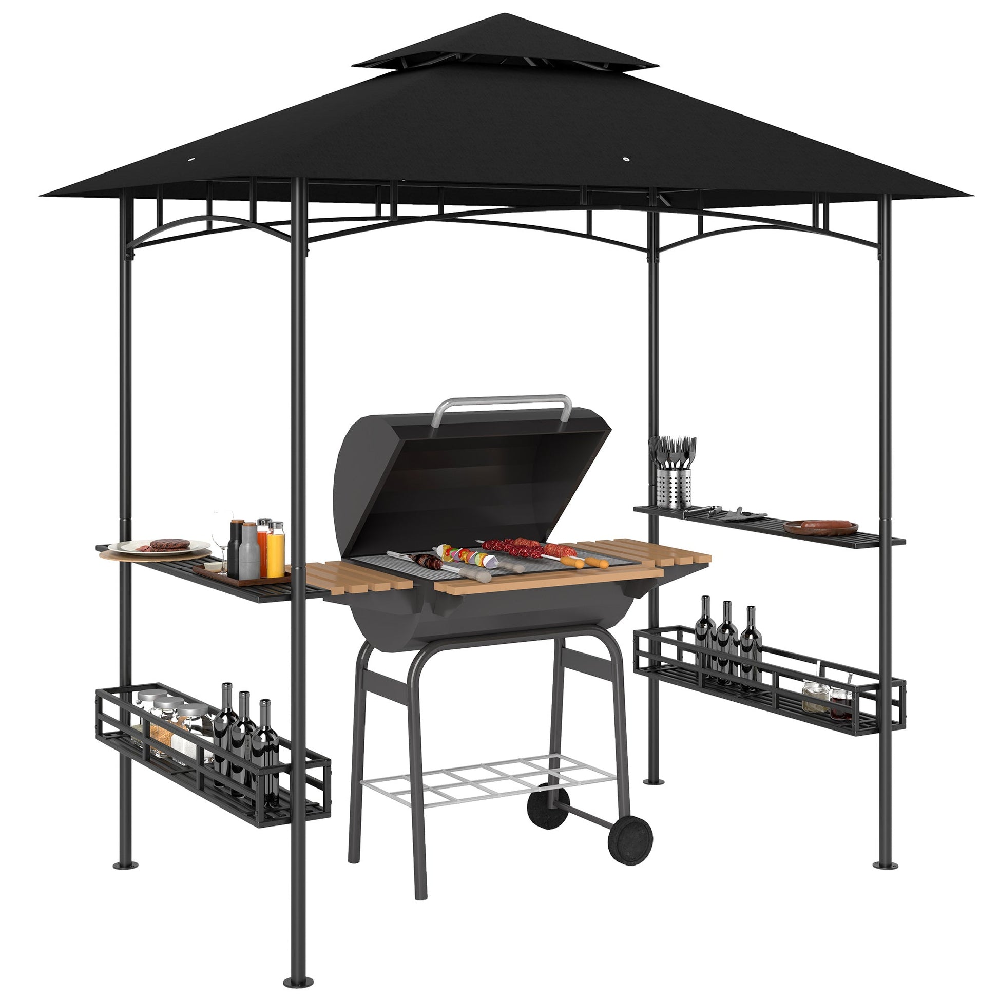 8' x 5' Grill Gazebo Canopy, Double Tiered Outdoor BBQ Gazebo Shelter with 2 Side Shelves, Storage Baskets, Hook for Garden, Patio, Barbecue, Picnic, Dark Grey