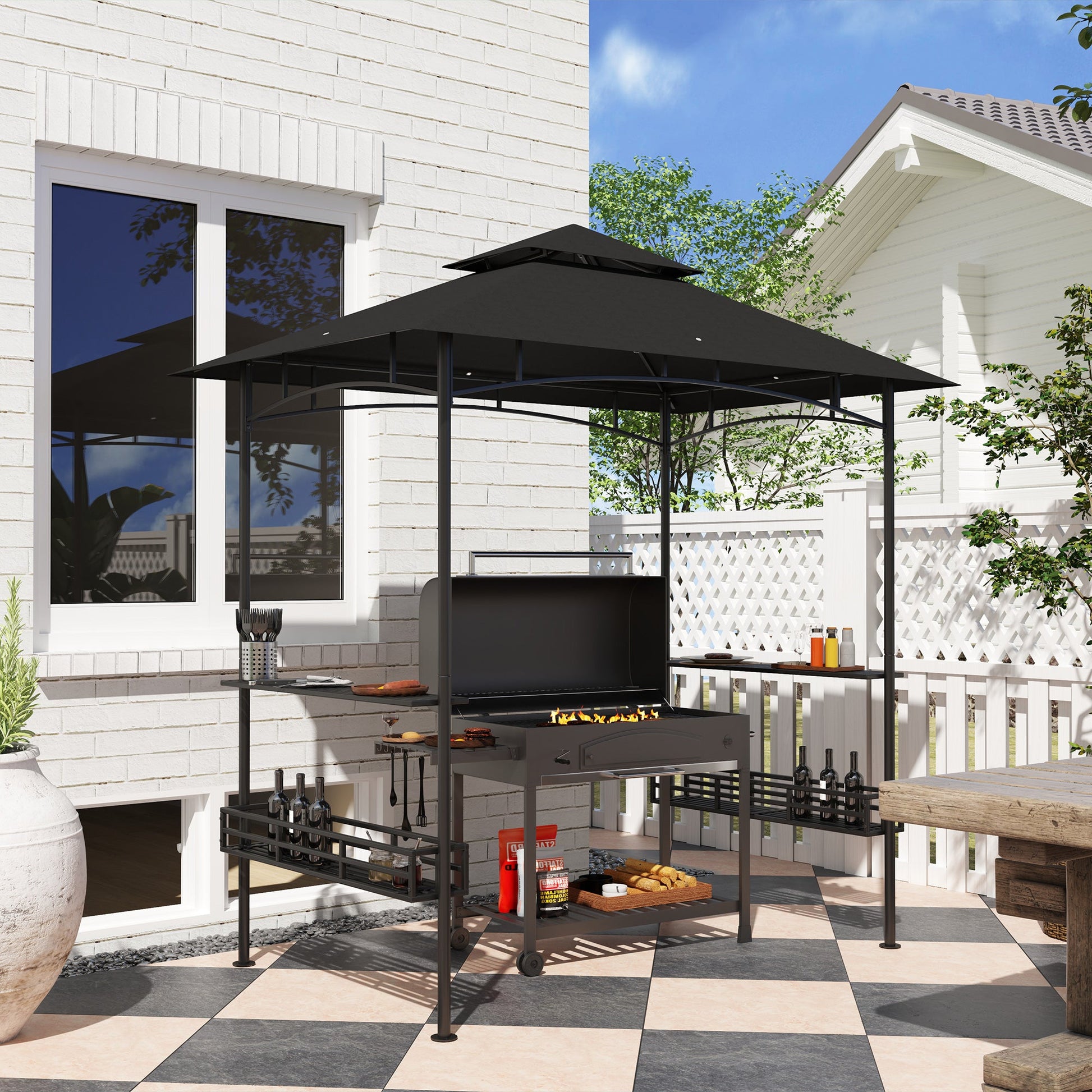 8' x 5' Grill Gazebo Canopy, Double Tiered Outdoor BBQ Gazebo Shelter with 2 Side Shelves, Storage Baskets, Hook for Garden, Patio, Barbecue, Picnic, Dark Grey