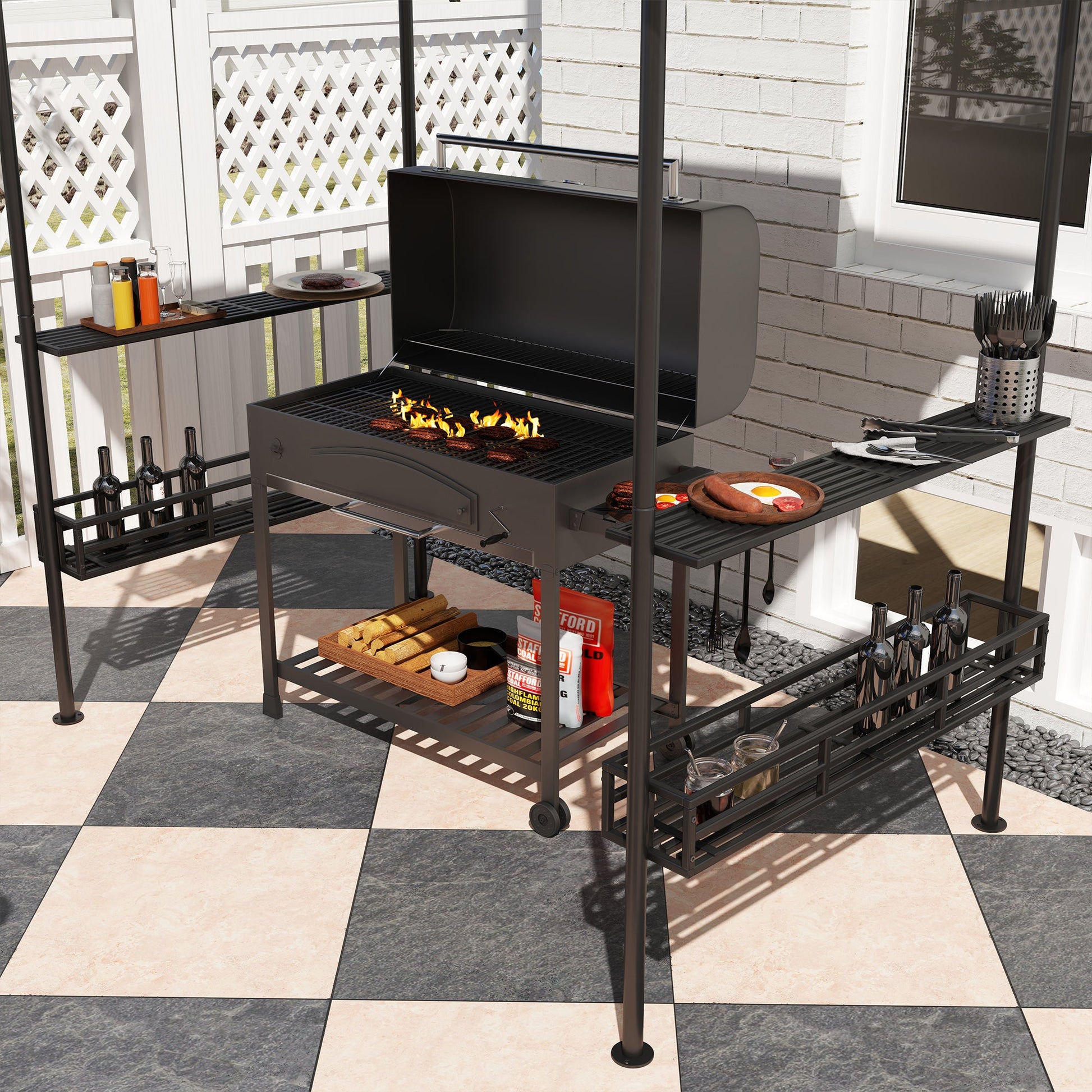 8' x 5' Grill Gazebo Canopy, Double Tiered Outdoor BBQ Gazebo Shelter with 2 Side Shelves, Storage Baskets, Hook for Garden, Patio, Barbecue, Picnic, Dark Grey