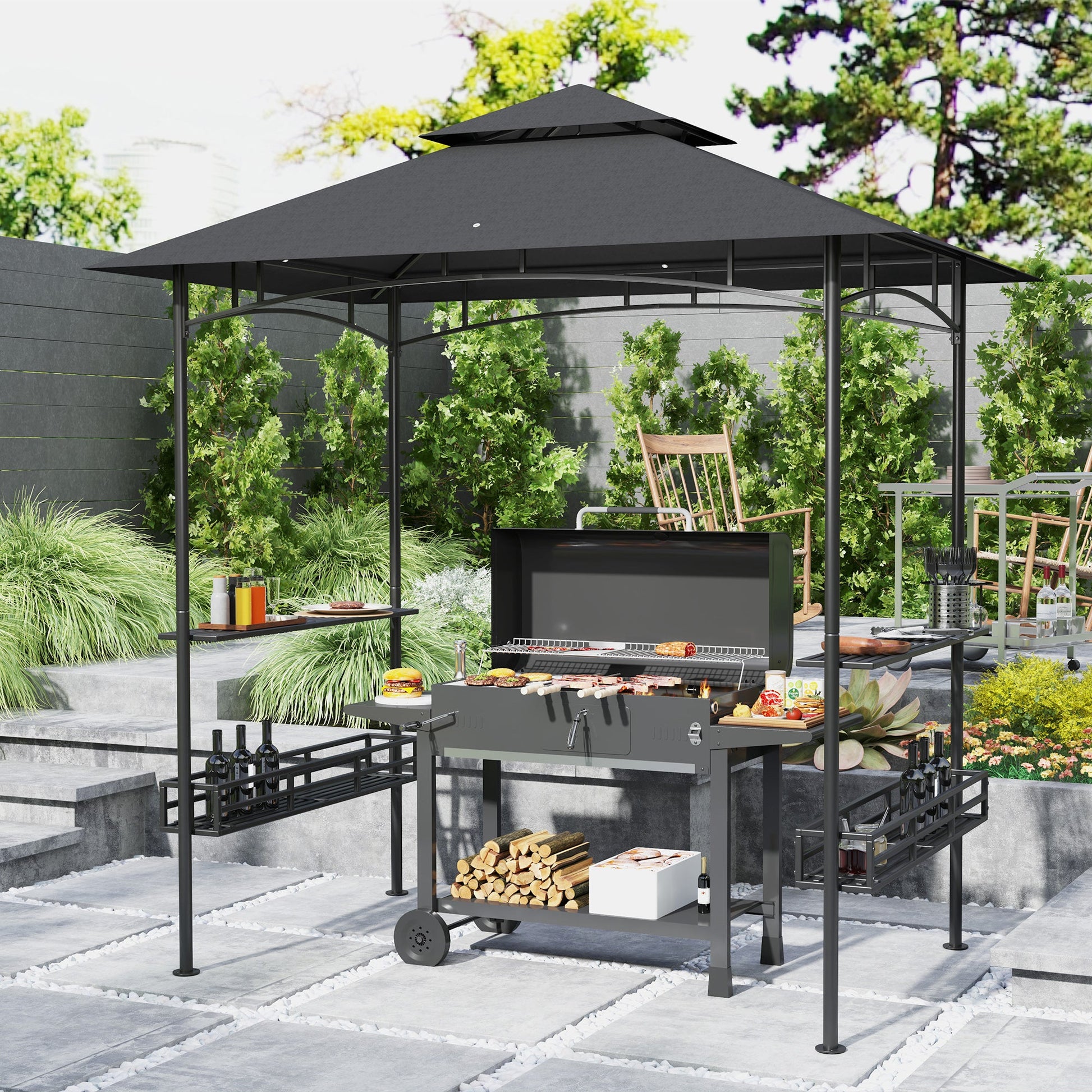 8' x 5' Grill Gazebo Canopy, Double Tiered Outdoor BBQ Gazebo Shelter with 2 Side Shelves, Storage Baskets, Hook for Garden, Patio, Barbecue, Picnic, Dark Grey