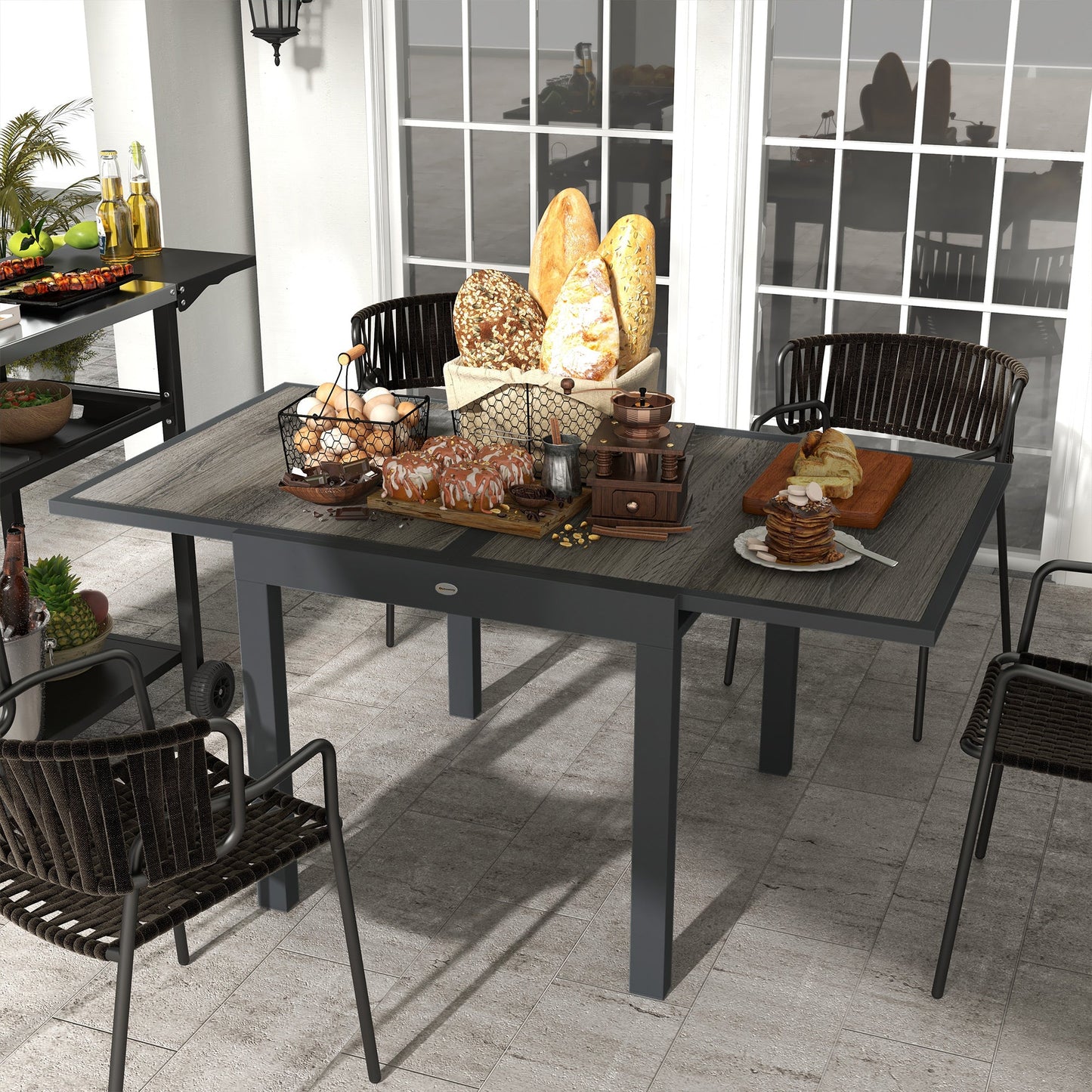 Extending Garden Table, Outdoor Dining Table for 6, Aluminium Frame Rectangular Patio Table with Plastic Board Tabletop,80/160L x 80W x 75H cm, Grey