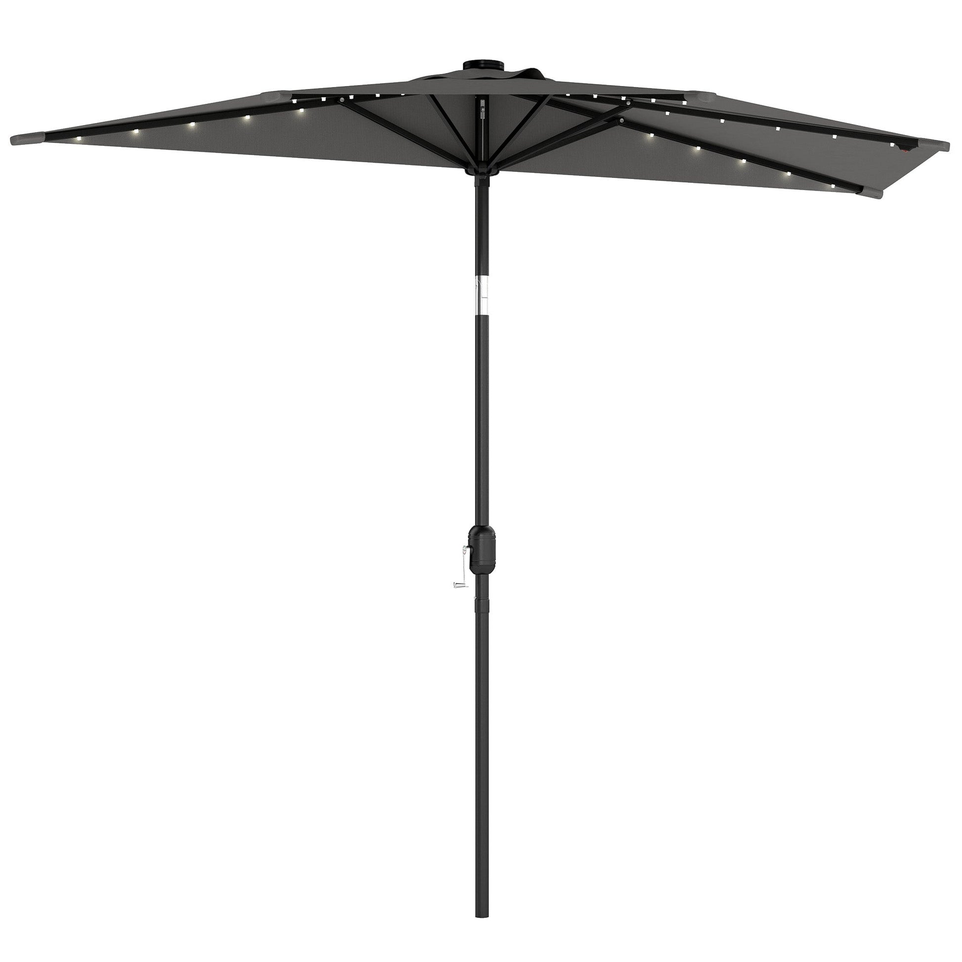 2.6 m Half Garden Parasol with Solar LED Lights, UPF50+ Semi Round Umbrella with 30° Tilt, Crank Handle, Metal Frame for Balcony, Dark Grey
