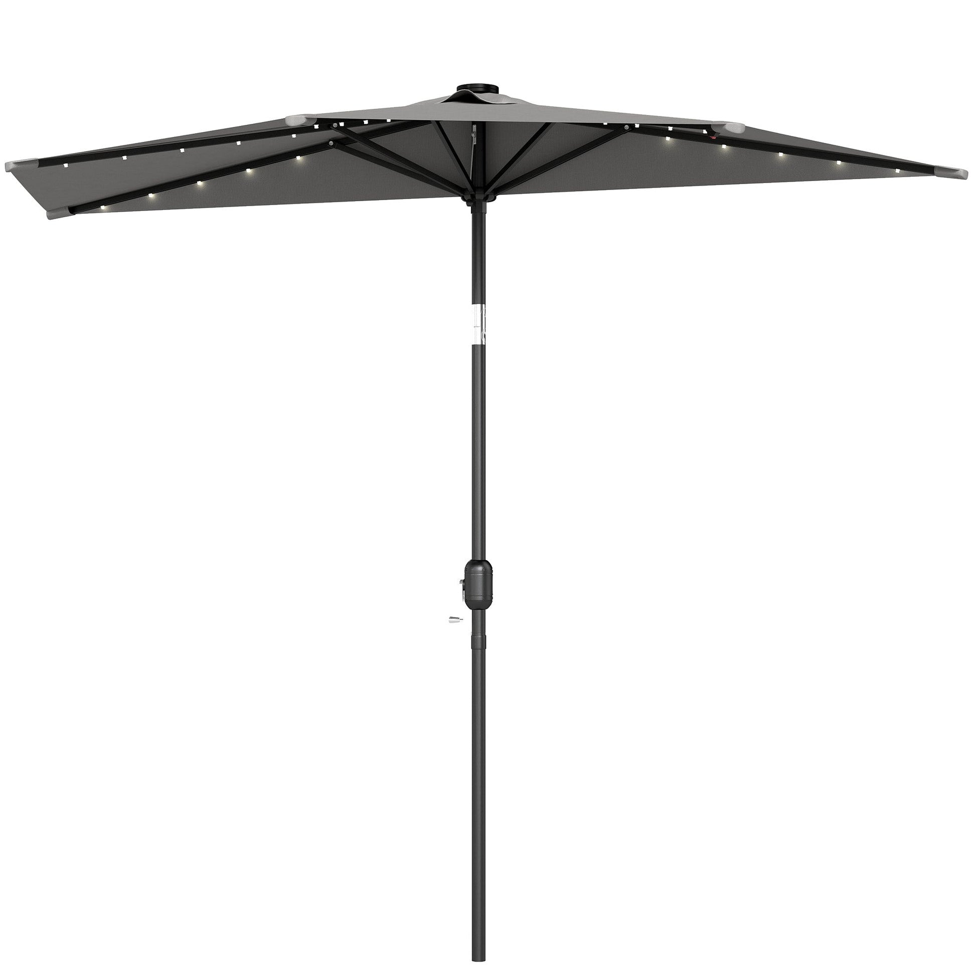 2.6 m Half Garden Parasol with Solar LED Lights, UPF50+ Semi Round Umbrella with 30° Tilt, Crank Handle, Metal Frame for Balcony, Dark Grey