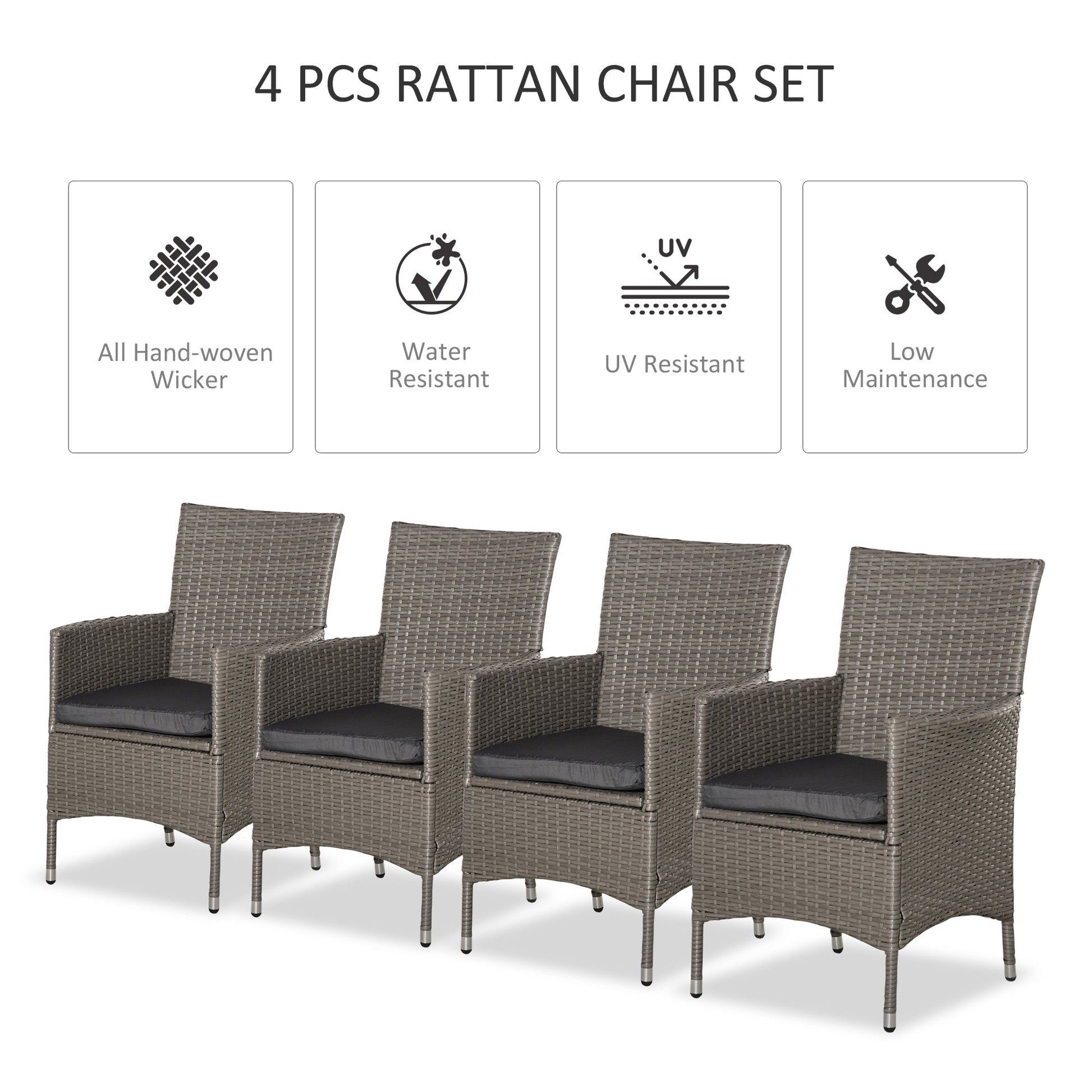 4 Pieces Outdoor PE Rattan Dining Chairs Set with Cushion, Garden Armchair with Armrests, High Backrest, Metal Frame Patio Wicker Furniture, Grey