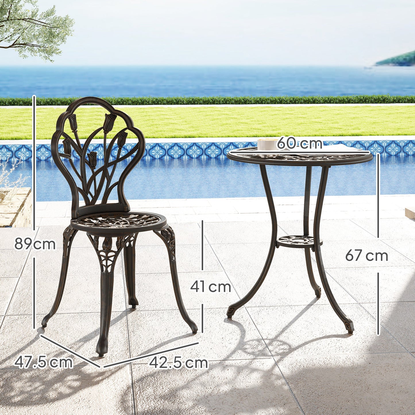 3 Piece Patio Bistro Set for 2, Outdoor Aluminium Garden Table and Chairs with Umbrella Hole for Balcony, Bronze Tone