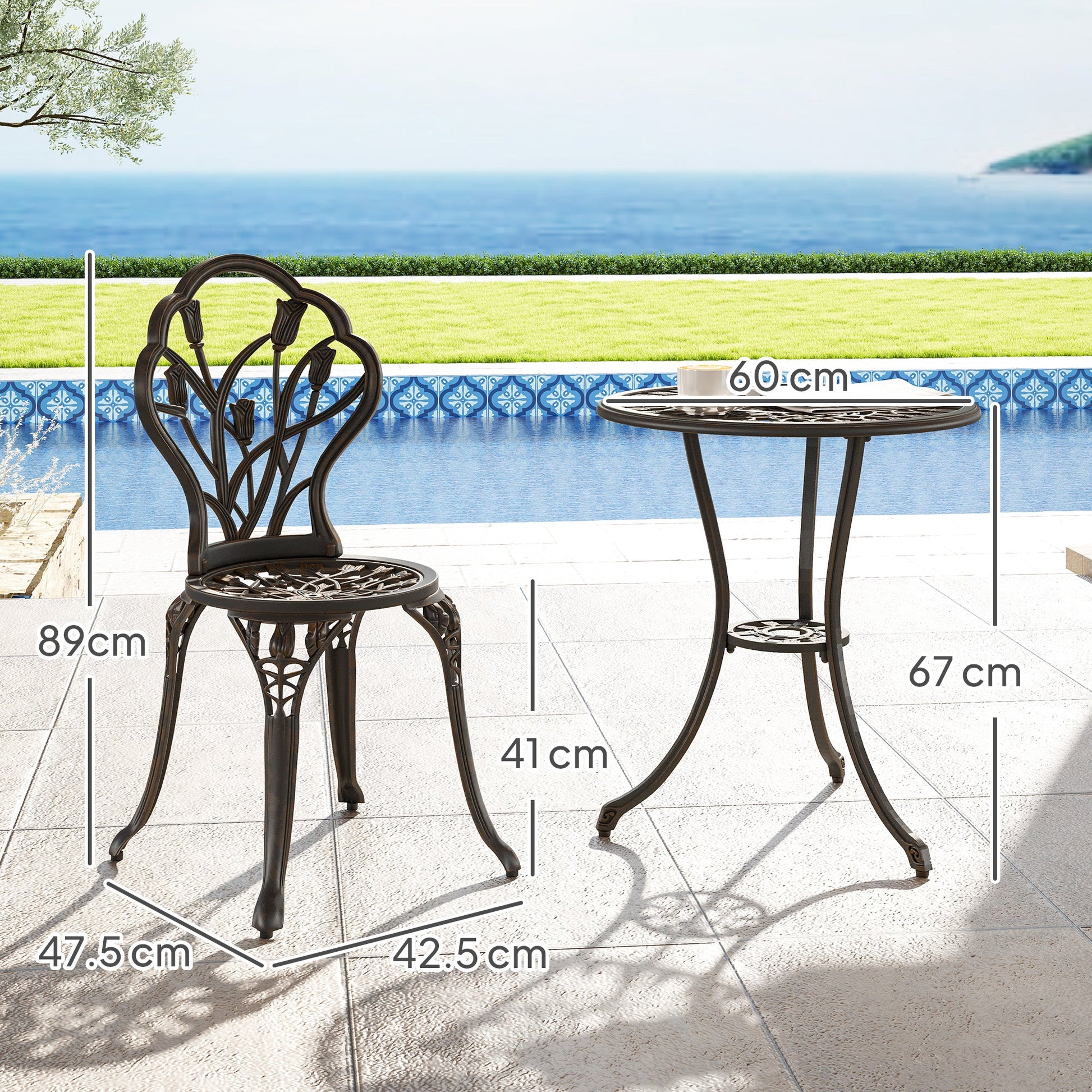 3 Piece Patio Bistro Set for 2, Outdoor Aluminium Garden Table and Chairs with Umbrella Hole for Balcony, Bronze Tone