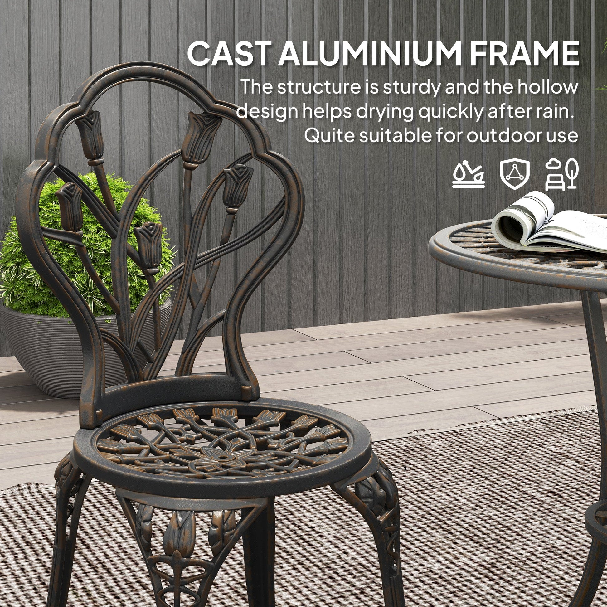 3 Piece Patio Bistro Set for 2, Outdoor Aluminium Garden Table and Chairs with Umbrella Hole for Balcony, Bronze Tone