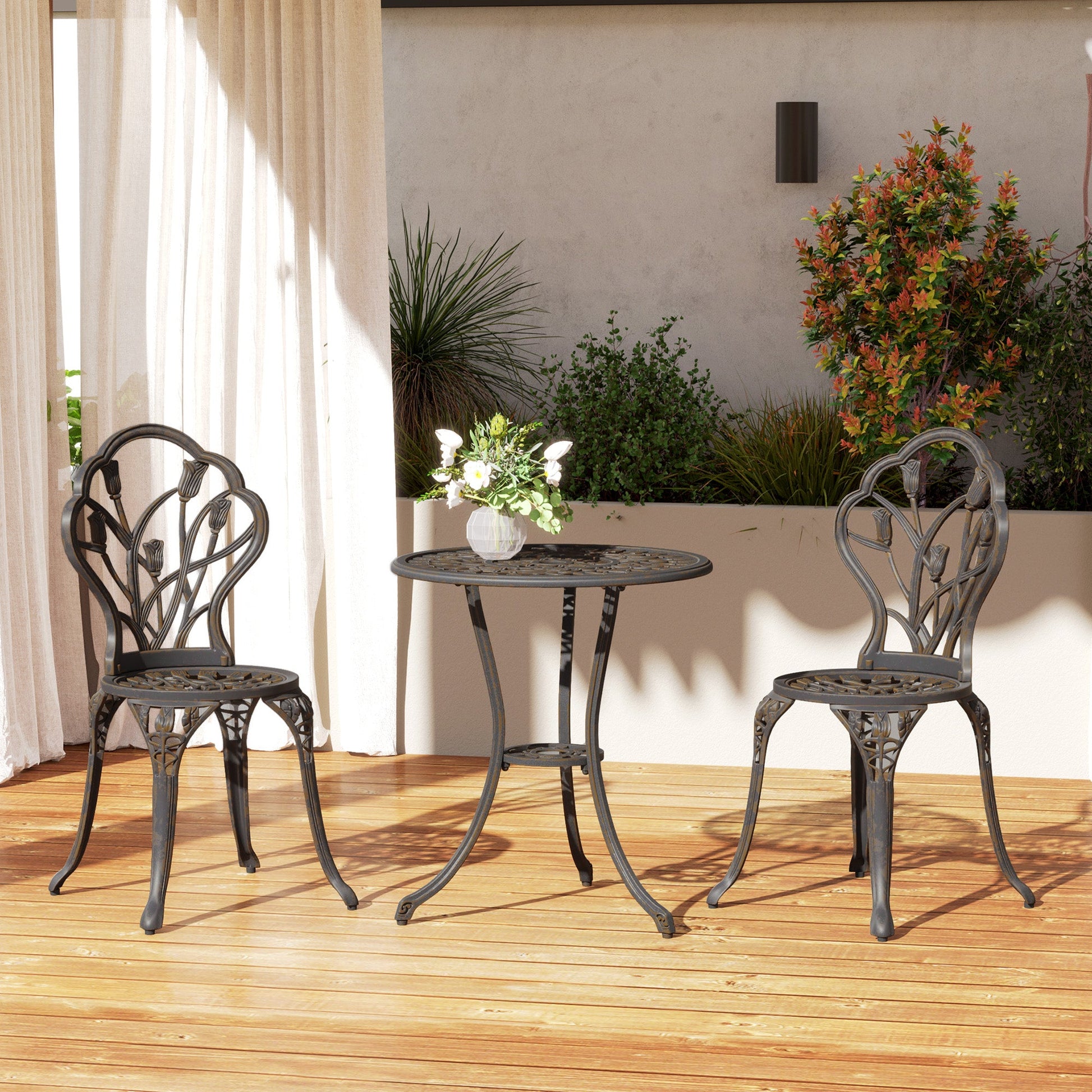 3 Piece Patio Bistro Set for 2, Outdoor Aluminium Garden Table and Chairs with Umbrella Hole for Balcony, Bronze Tone