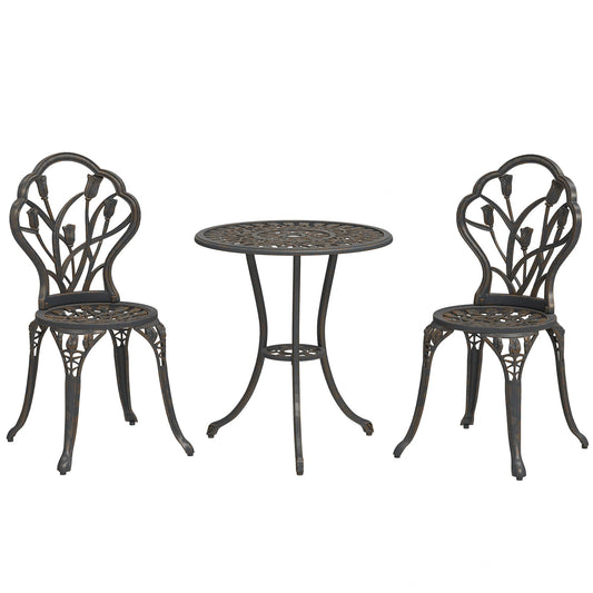 3 Piece Patio Bistro Set for 2, Outdoor Aluminium Garden Table and Chairs with Umbrella Hole for Balcony, Bronze Tone
