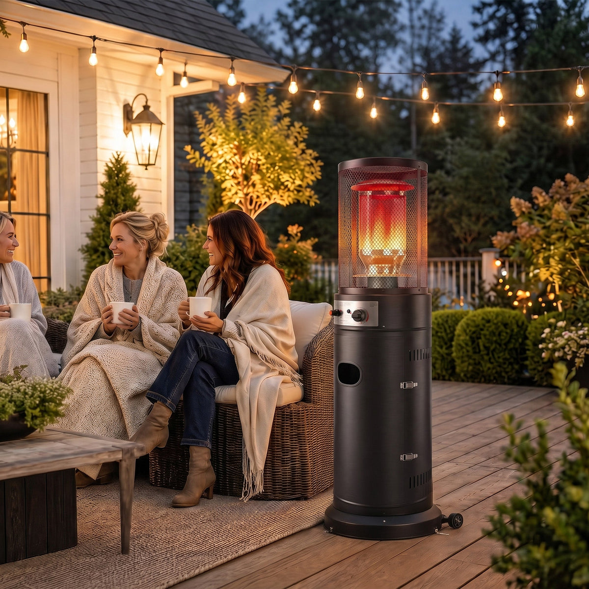 Gas Patio Heater, 11 kW Portable Propane Outdoor Heater with Stepless Heat Control, Pulse Ignition, Protective Mesh, Tip-over Protection, 2 Wheels for Garden, Black
