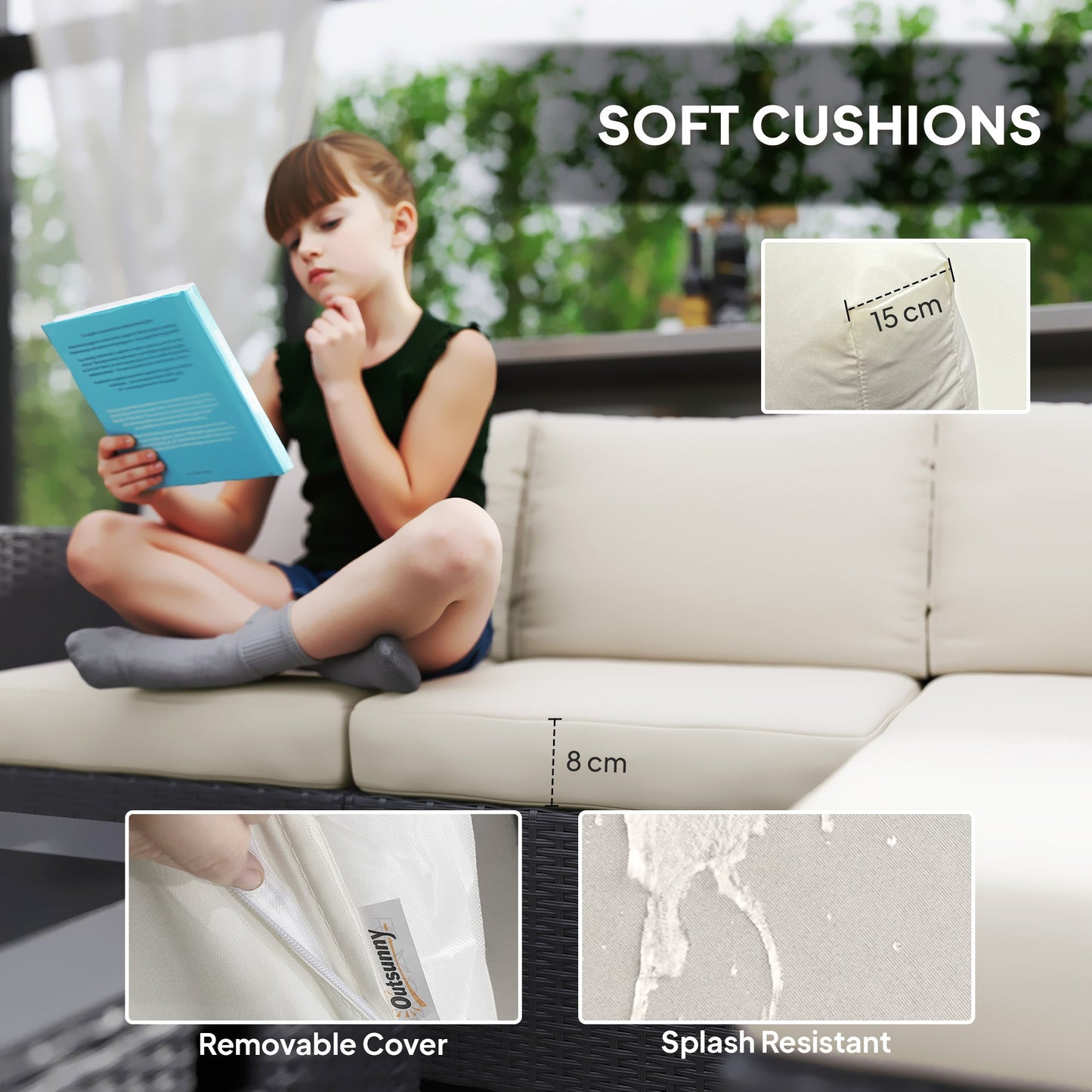 5 Piece Rattan Garden Furniture Set with Gas Fire Pit Table, 4 Seater Outdoor Sectional Sofa Set with Footstool and Removable Cushions, Modular Combination, Black and Cream White