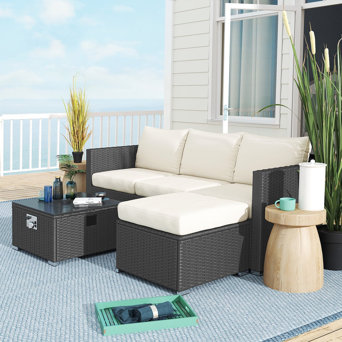 5 Piece Rattan Garden Furniture Set with Gas Fire Pit Table, 4 Seater Outdoor Sectional Sofa Set with Footstool and Removable Cushions, Modular Combination, Black and Cream White