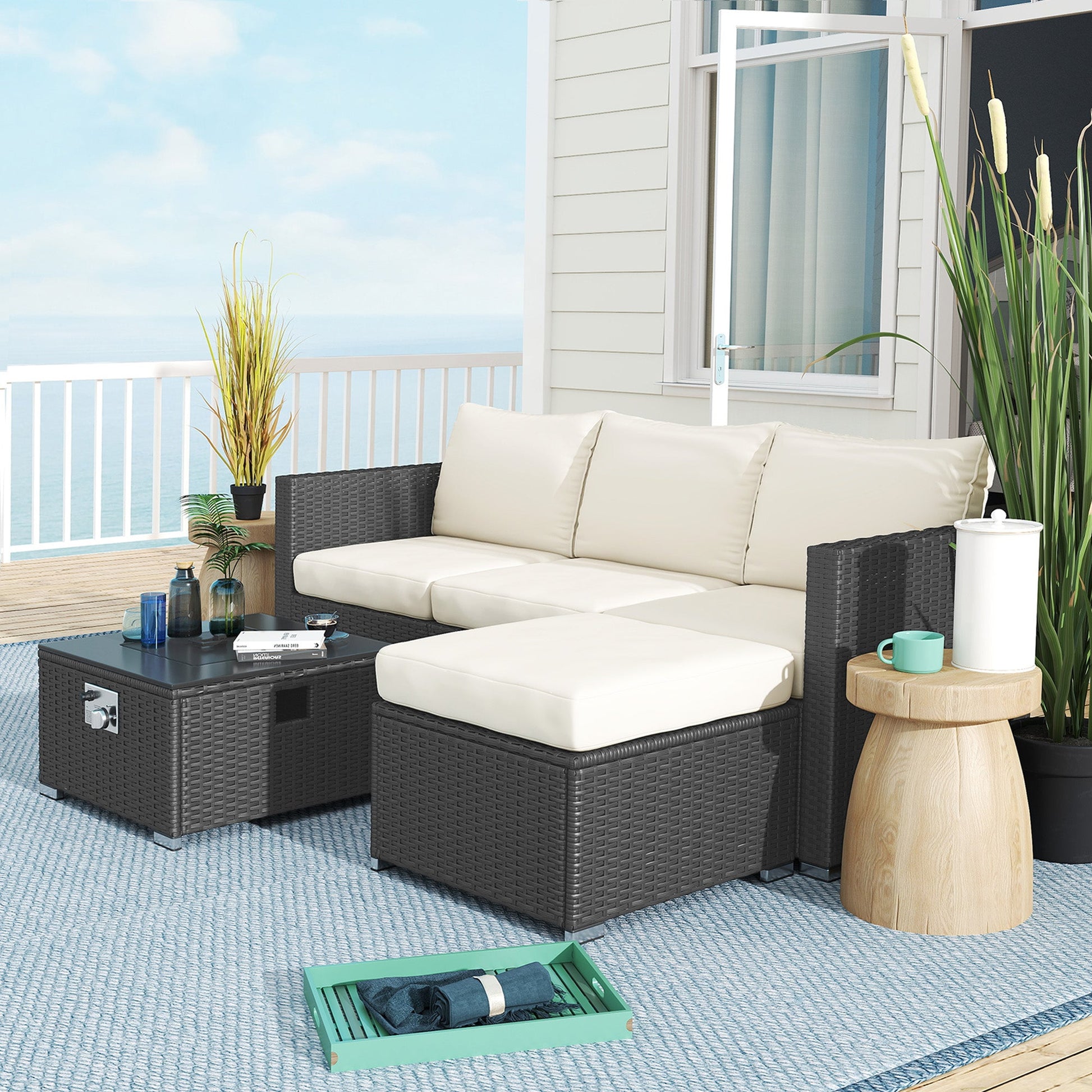 5 Piece Rattan Garden Furniture Set with Gas Fire Pit Table, 4 Seater Outdoor Sectional Sofa Set with Footstool and Removable Cushions, Modular Combination, Black and Cream White