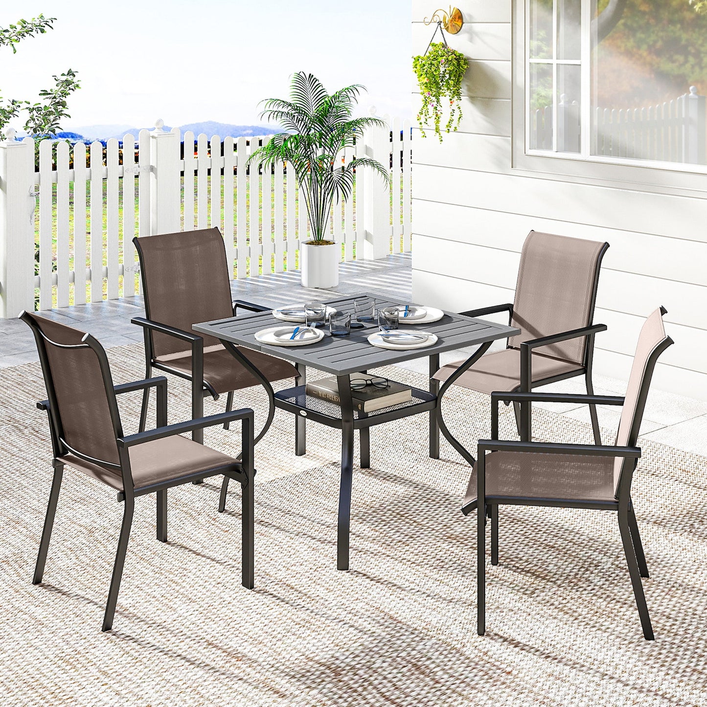 5 Pieces Garden Dining Set for 4, Patio Table and Stackable Chairs with Breathable Mesh Seat and Parasol Hole, Garden Furniture Set with Steel Frame for Garden, Grey and Khaki
