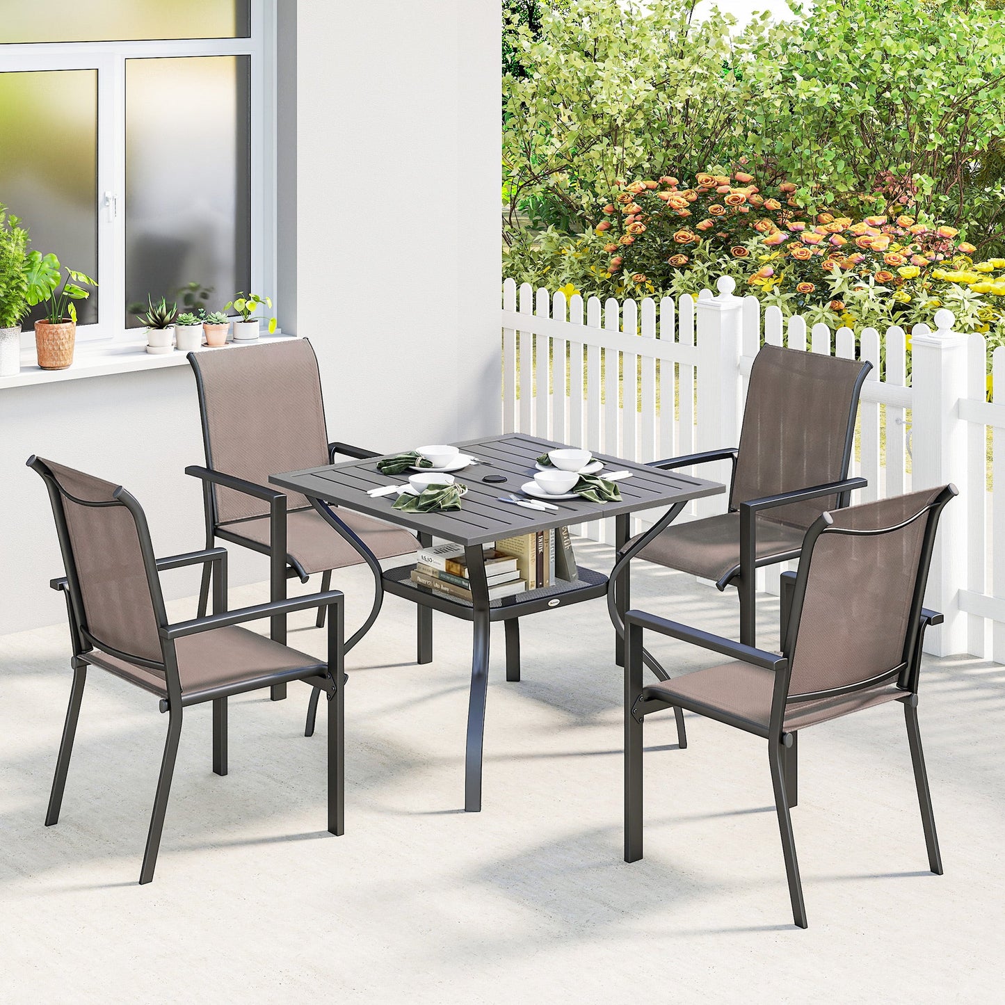 5 Pieces Garden Dining Set for 4, Patio Table and Stackable Chairs with Breathable Mesh Seat and Parasol Hole, Garden Furniture Set with Steel Frame for Garden, Grey and Khaki