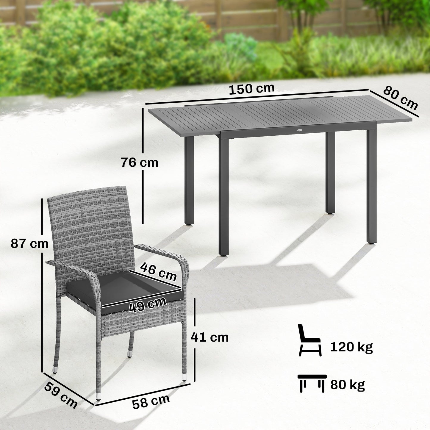 7 Piece Rattan Garden Furniture Set, 6 Seater Garden Table and 6 Stackable Chairs with Extendable Acacia Wood Tabletop, All-Weather Outdoor Furniture with Cushions for Patio, Light Grey