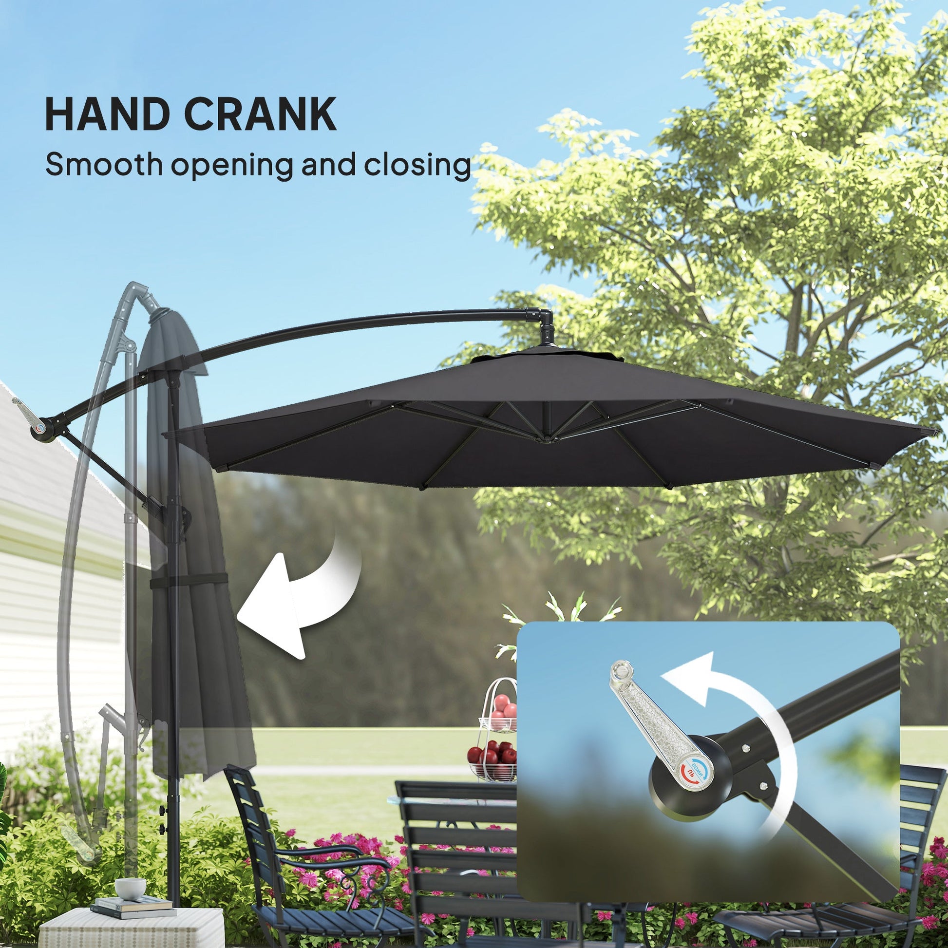 3(m) Garden Banana Parasol Hanging Cantilever Umbrella with Crank Handle, 8 Ribs and Cross Base for Outdoor, Sun Shade, Black