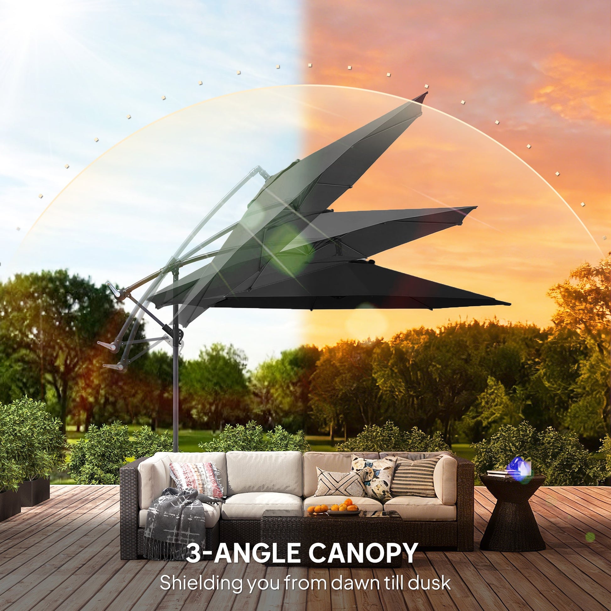 3(m) Garden Banana Parasol Hanging Cantilever Umbrella with Crank Handle, 8 Ribs and Cross Base for Outdoor, Sun Shade, Black