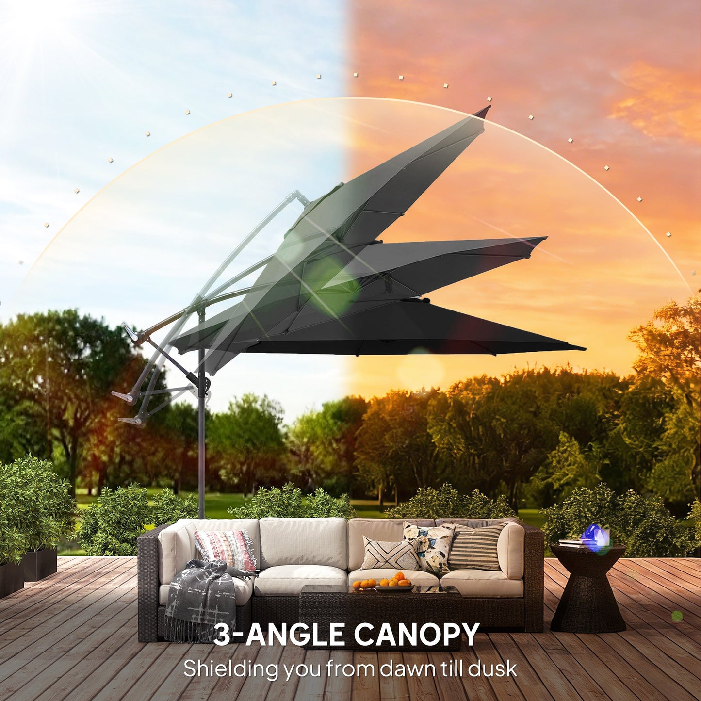 3(m) Garden Banana Parasol Hanging Cantilever Umbrella with Crank Handle, 8 Ribs and Cross Base for Outdoor, Sun Shade, Black