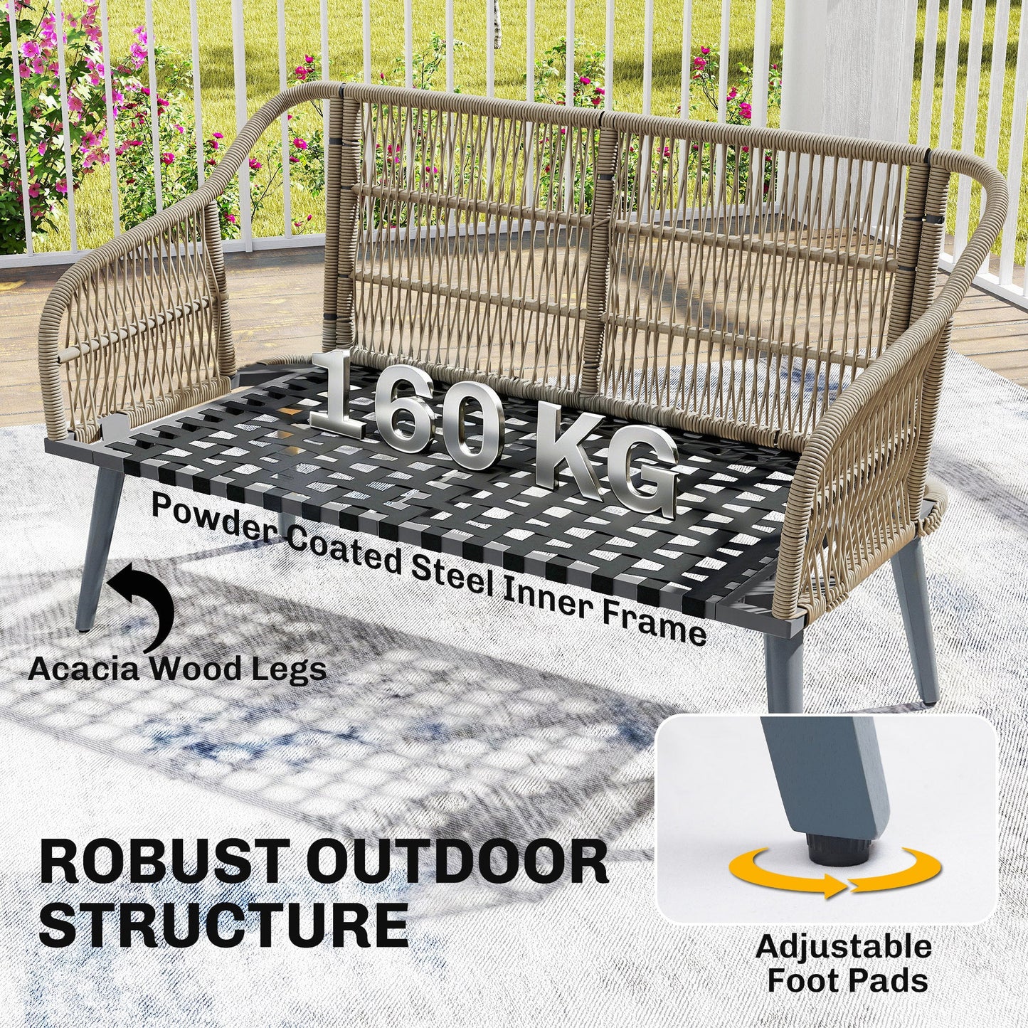 4 Piece Rattan Garden Furniture Set with Loveseat, 2 Armchairs, Acacia Wood Table, Steel Frame 4 Seater Wicker Patio Conversation Set with Thick Cushions for Outdoor, Grey