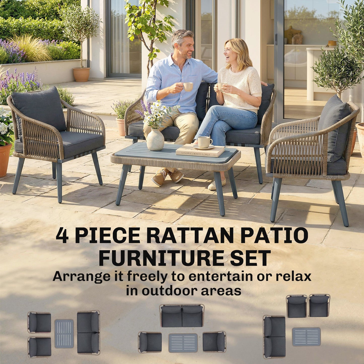 4 Piece Rattan Garden Furniture Set with Loveseat, 2 Armchairs, Acacia Wood Table, Steel Frame 4 Seater Wicker Patio Conversation Set with Thick Cushions for Outdoor, Grey