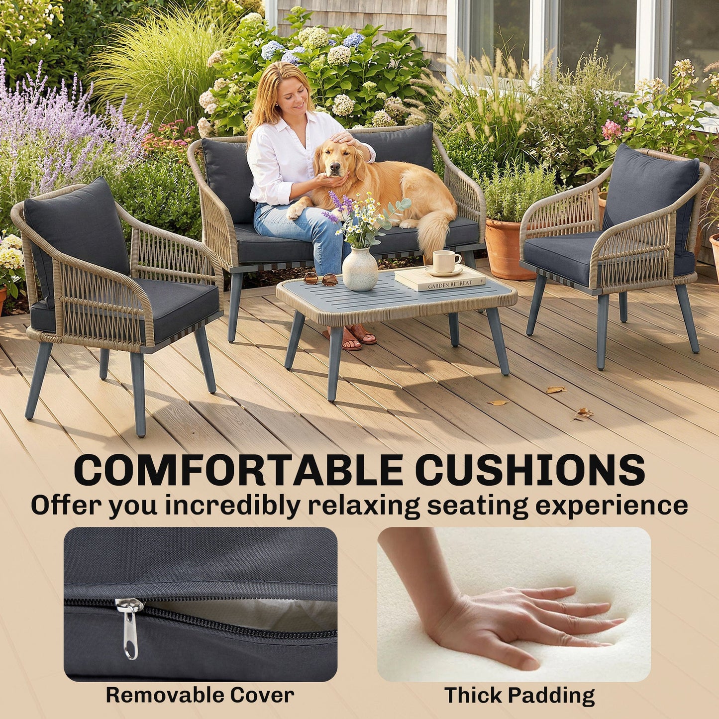4 Piece Rattan Garden Furniture Set with Loveseat, 2 Armchairs, Acacia Wood Table, Steel Frame 4 Seater Wicker Patio Conversation Set with Thick Cushions for Outdoor, Grey