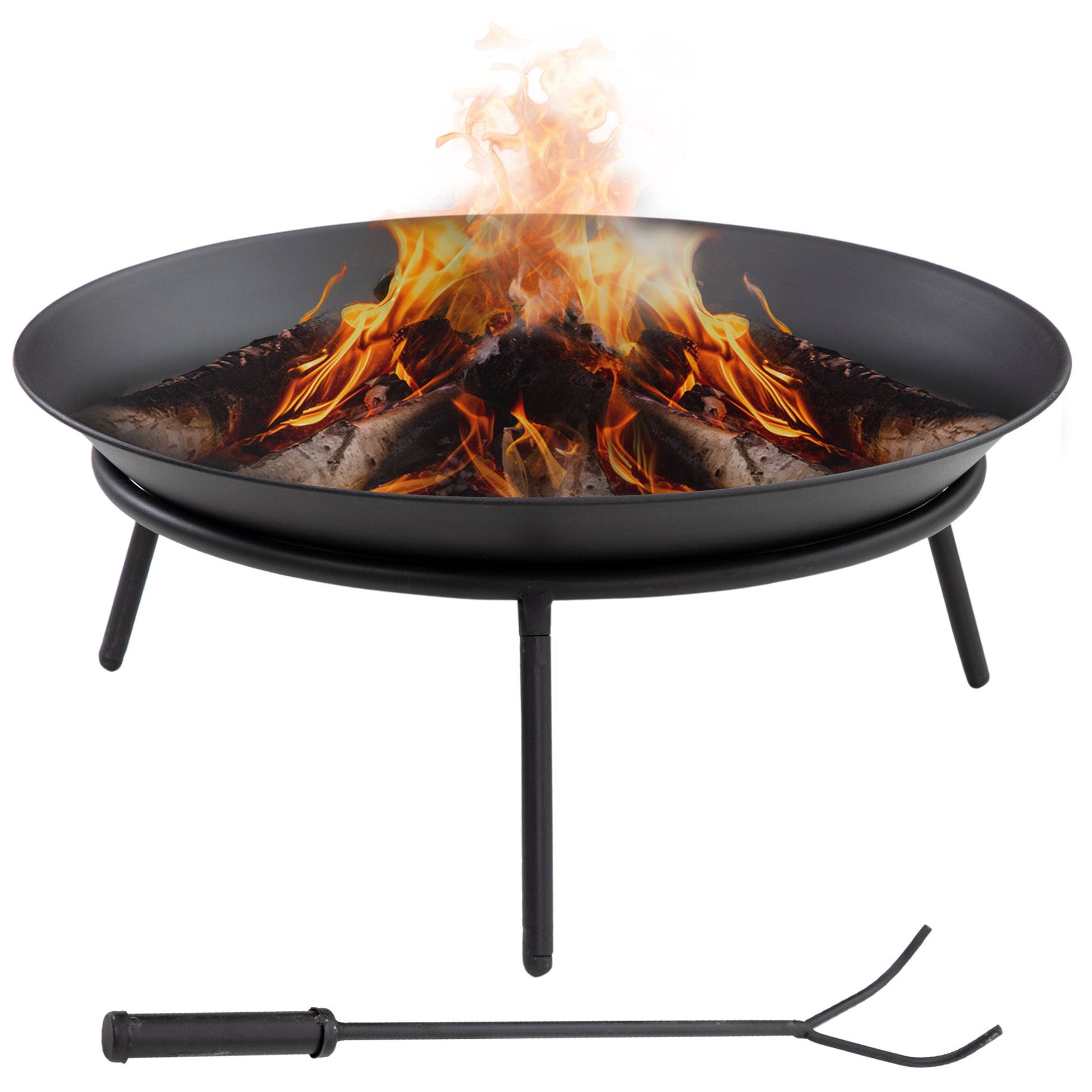 Dia. 47 x 21 cm Outdoor Fire Pit, Portable Round Firepit with Poker, for Garden, Camping, Bonfire, Picnic, Black
