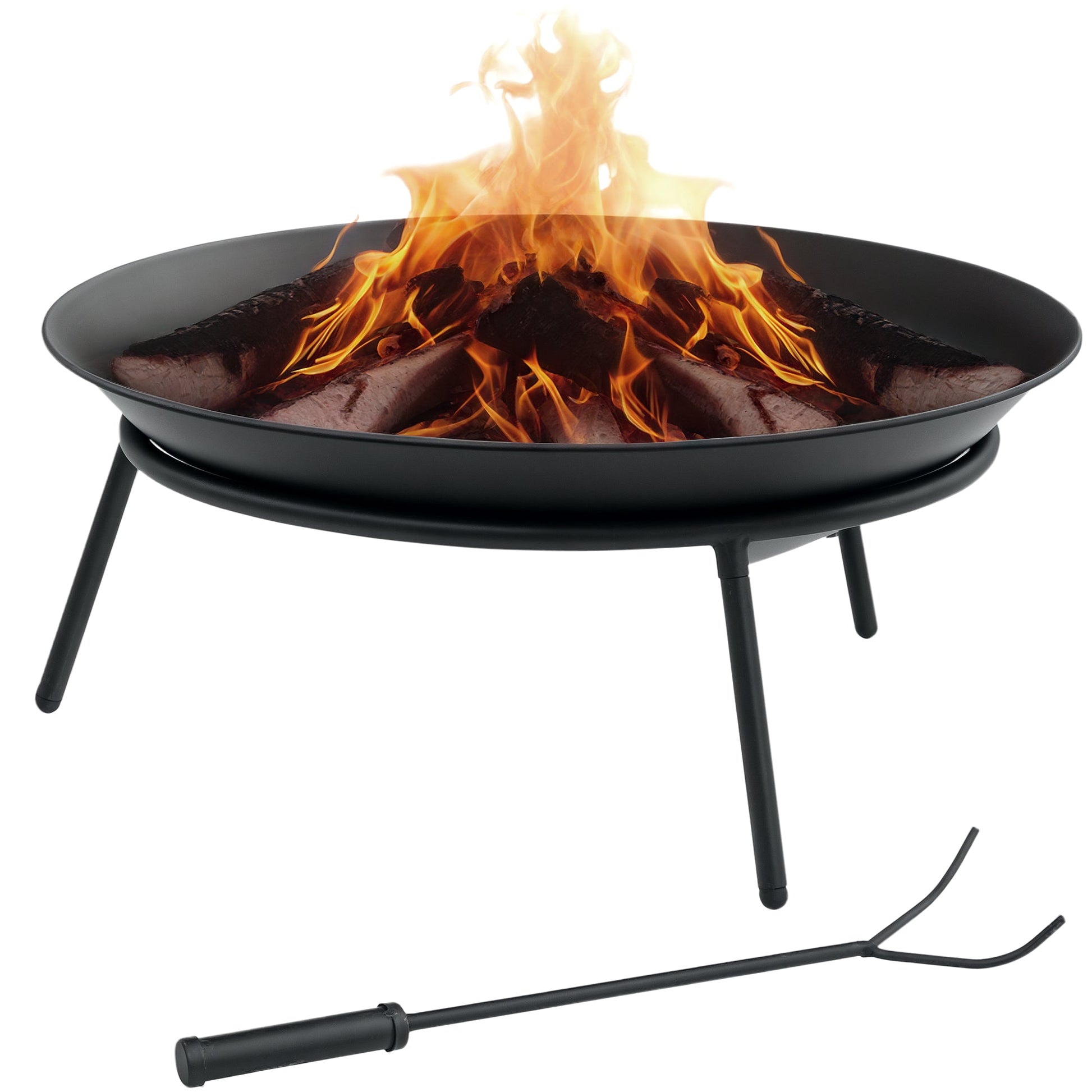 Dia. 47 x 21 cm Outdoor Fire Pit, Portable Round Firepit with Poker, for Garden, Camping, Bonfire, Picnic, Black