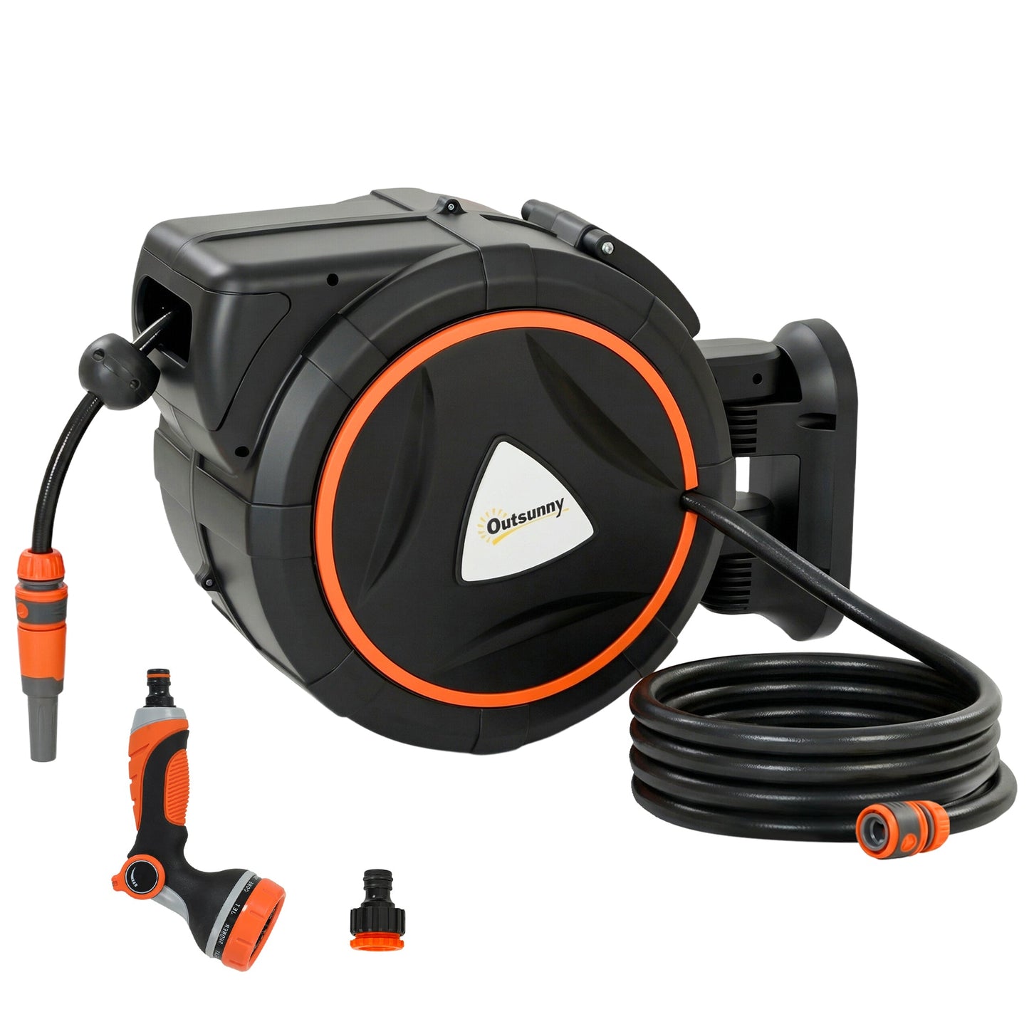Retractable Hose Reel Wall Mounted, 23+2m Garden Hose Pipe Reel with Auto Retraction, Self-Locking, Slow Return System, 180° Swivel Bracket, 12-Pattern Nozzles and Faucet Adaptor, Orange