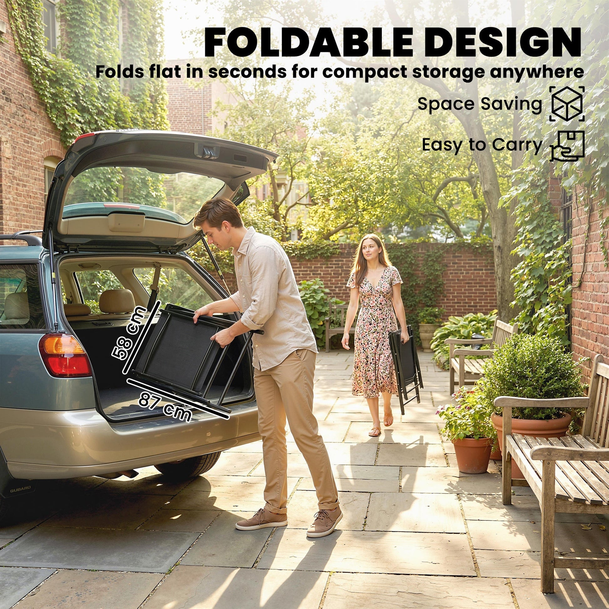 Folding Garden Chairs Set of 2, Foldable Garden Dining Chairs with High Back and Armrests, Breathable Texteline Folding Outdoor Chair Set with Metal Frame for Patio, Balcony, Black