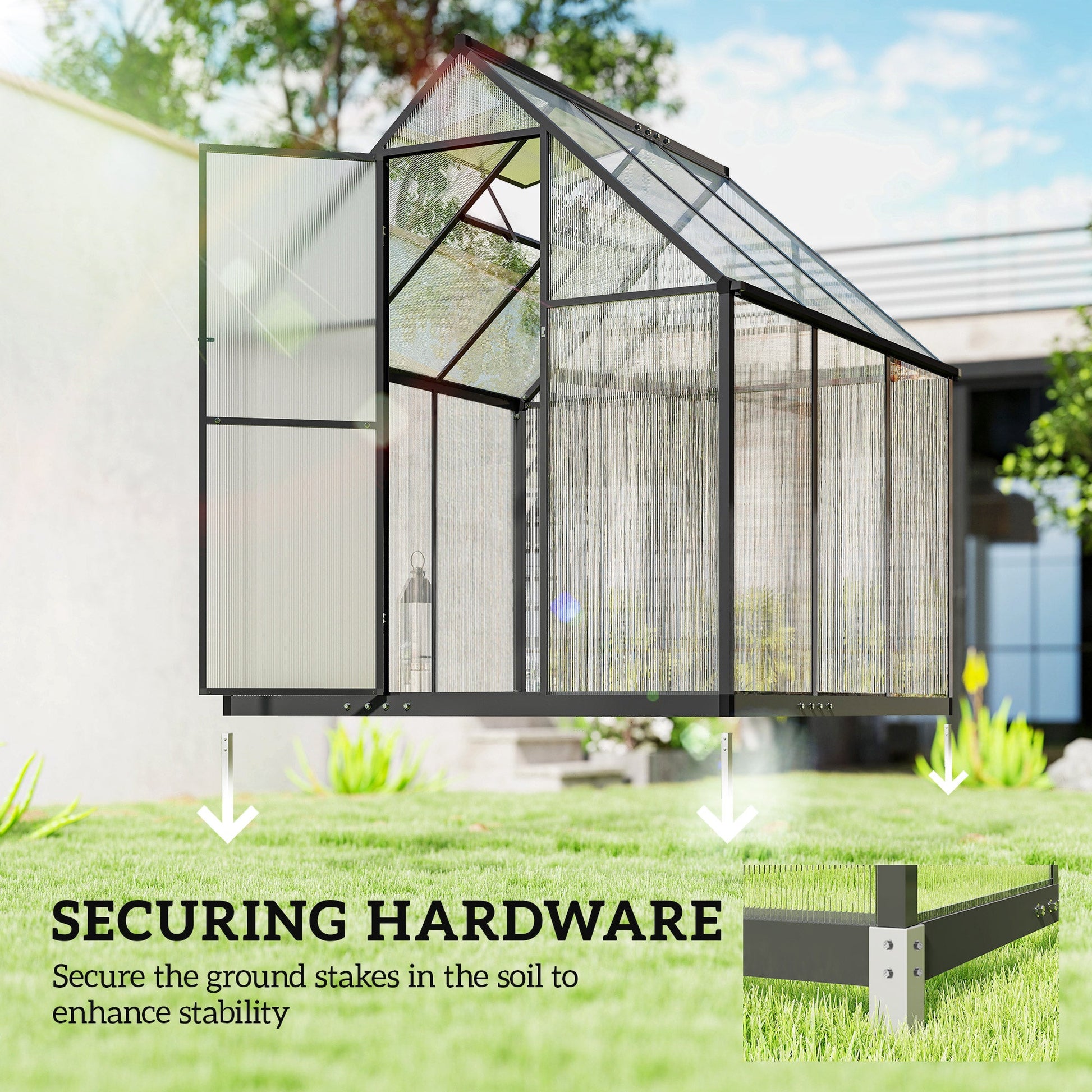 6 x 6.5ft Polycarbonate Greenhouse with Swing Door and Adjustable Window, Walk-in Greenhouse with Rain Gutter, Aluminium Garden Green House for Patio Garden Backyard, Black