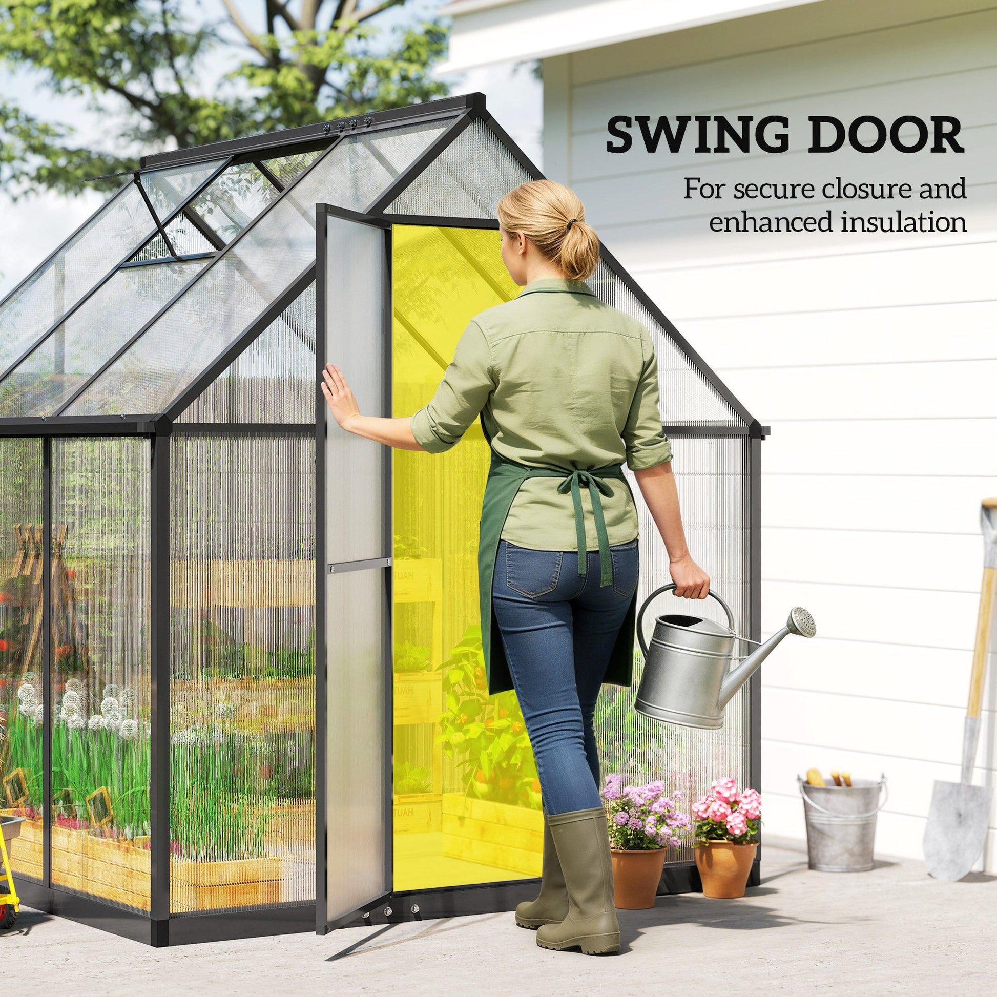 6 x 6.5ft Polycarbonate Greenhouse with Swing Door and Adjustable Window, Walk-in Greenhouse with Rain Gutter, Aluminium Garden Green House for Patio Garden Backyard, Black