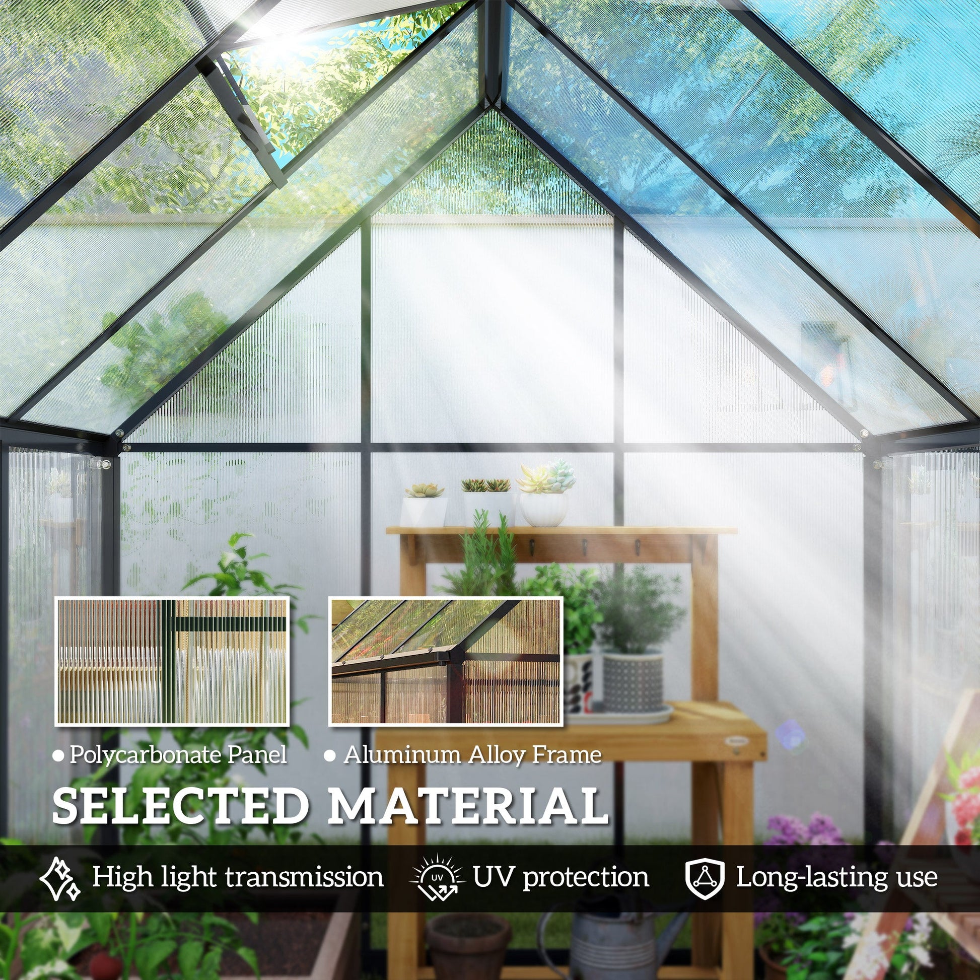 6 x 6.5ft Polycarbonate Greenhouse with Swing Door and Adjustable Window, Walk-in Greenhouse with Rain Gutter, Aluminium Garden Green House for Patio Garden Backyard, Black