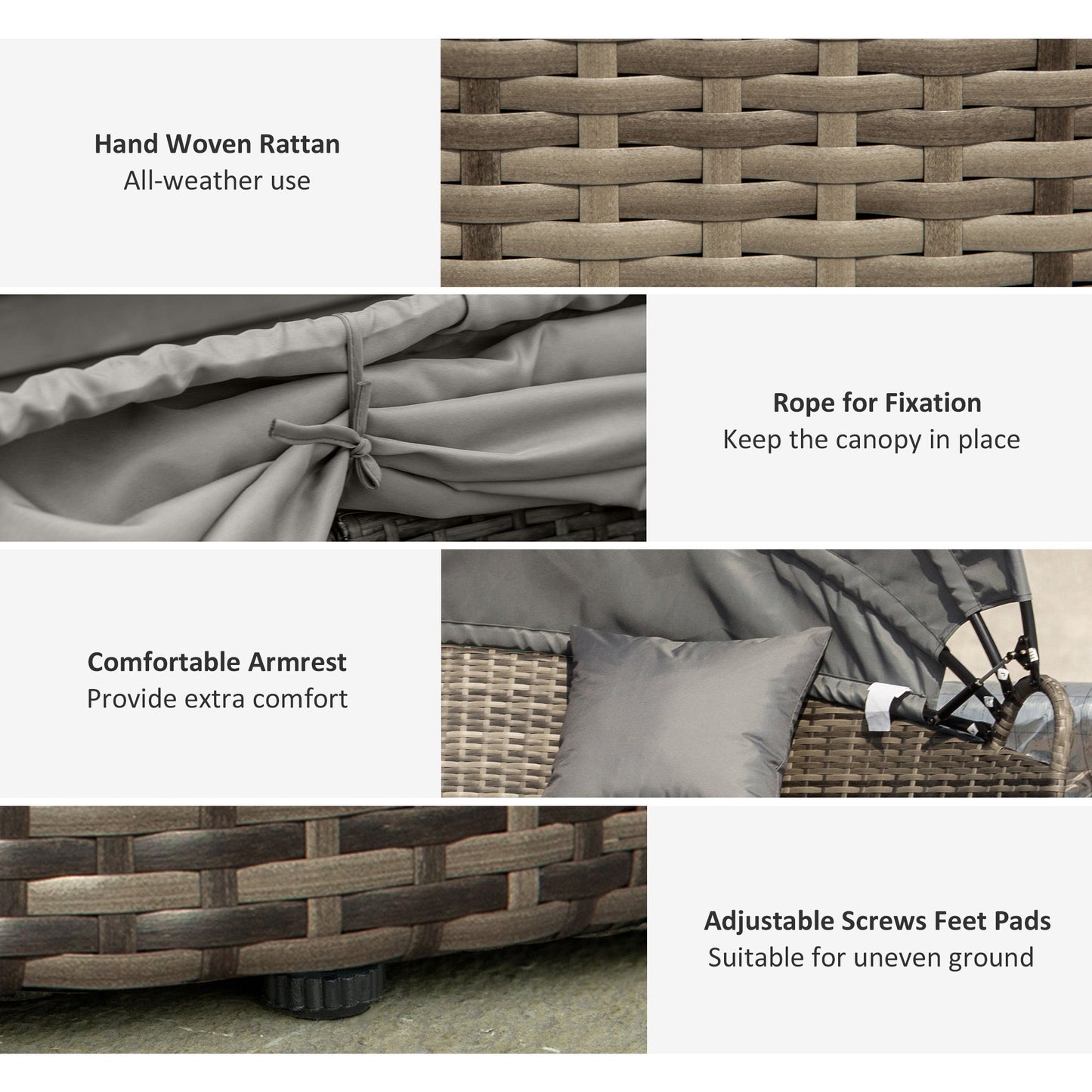 Outdoor PE Rattan Garden Furniture with Cushioned, Patio Wicker Conversation Furniture Set, Round Daybed with Retractable Canopy, Coffee Table and Three Pillows, Dark Grey/Grey