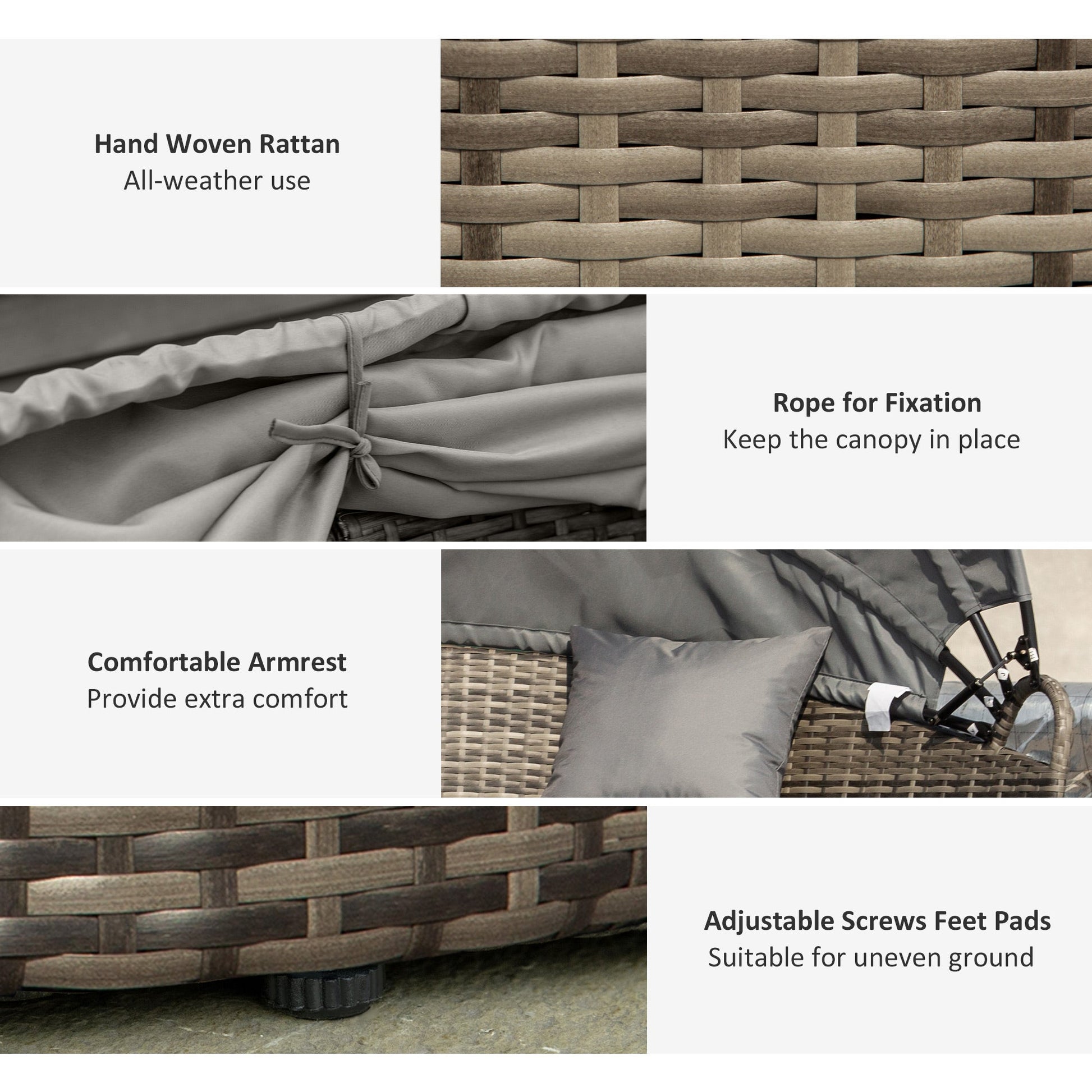 Outdoor PE Rattan Garden Furniture with Cushioned, Patio Wicker Conversation Furniture Set, Round Daybed with Retractable Canopy, Coffee Table and Three Pillows, Dark Grey/Grey
