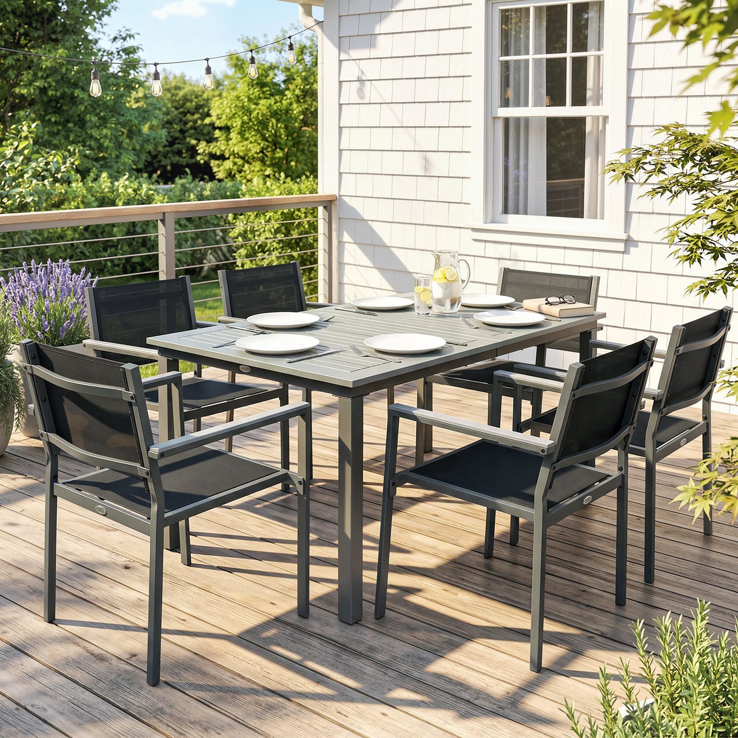 Garden Dining Set with Acacia Wood Table Top, Outdoor Table and Stackable Chairs Set for 6 with Texteline Seat, for Patio, Conservatory, Terrace, Grey
