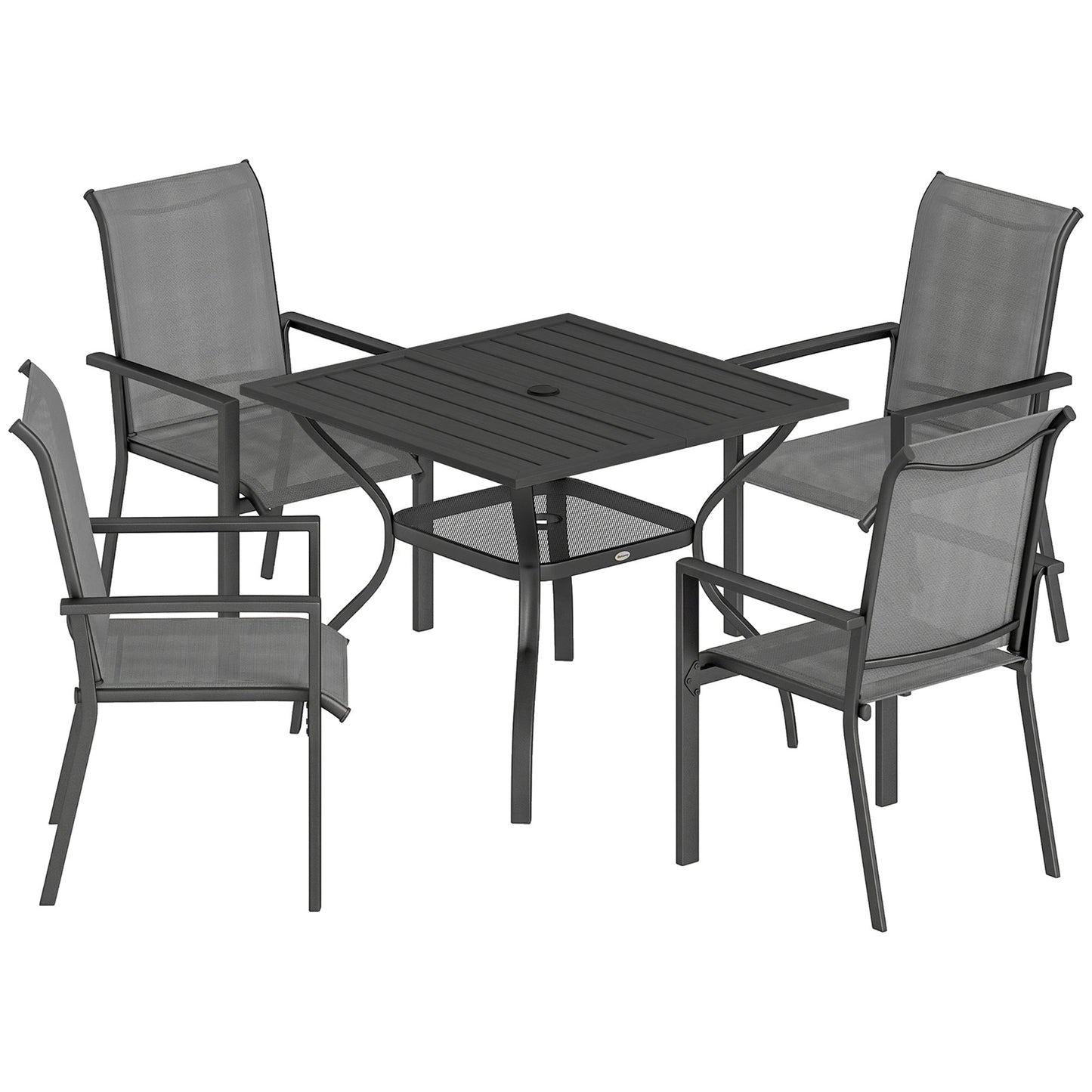 5 Pieces Garden Dining Set for 4, Patio Table and Stackable Chairs with Breathable Mesh Seat and Parasol Hole, Garden Furniture Set with Steel Frame for Garden, Dark Grey