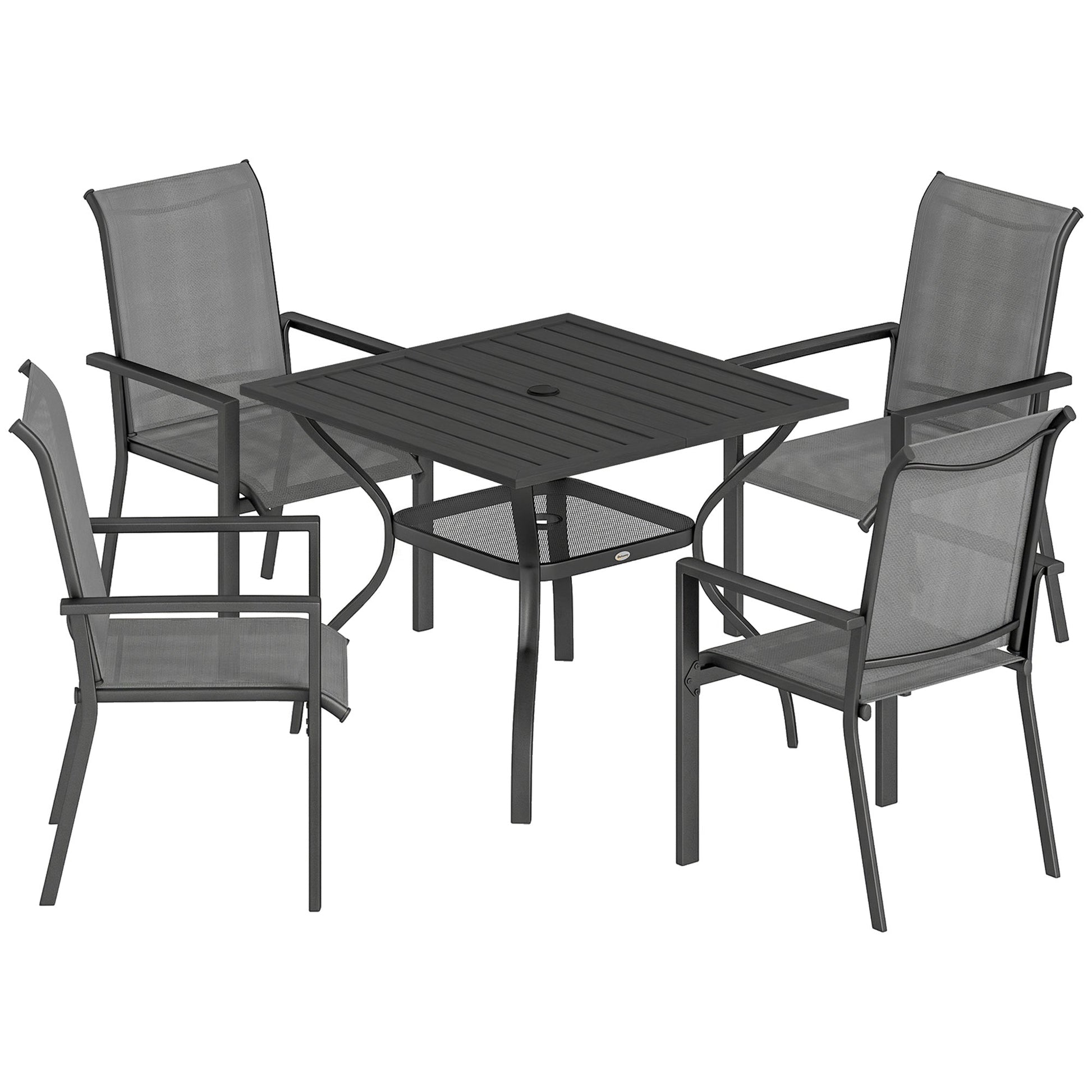 5 Pieces Garden Dining Set for 4, Patio Table and Stackable Chairs with Breathable Mesh Seat and Parasol Hole, Garden Furniture Set with Steel Frame for Garden, Dark Grey