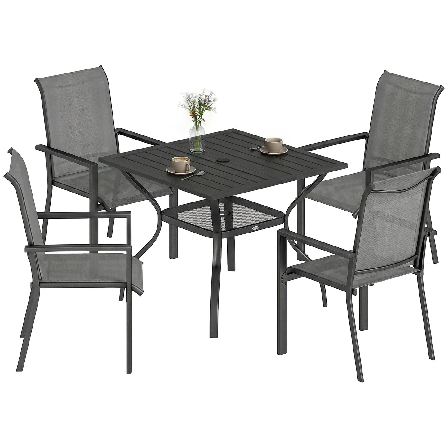 5 Pieces Garden Dining Set for 4, Patio Table and Stackable Chairs with Breathable Mesh Seat and Parasol Hole, Garden Furniture Set with Steel Frame for Garden, Dark Grey