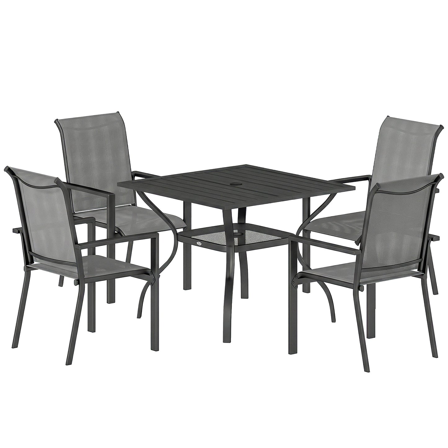 5 Pieces Garden Dining Set for 4, Patio Table and Stackable Chairs with Breathable Mesh Seat and Parasol Hole, Garden Furniture Set with Steel Frame for Garden, Dark Grey