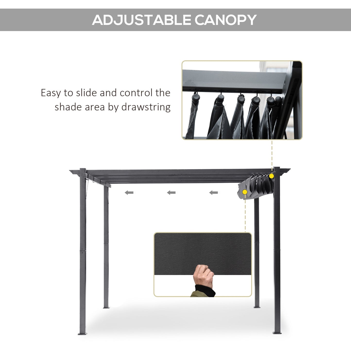 3 x 3(m) Pergola with Retractable Roof Canopy, Aluminium Frame Garden Gazebo Outdoor Sun Shade Shelter for Grill, Patio, Dark Grey
