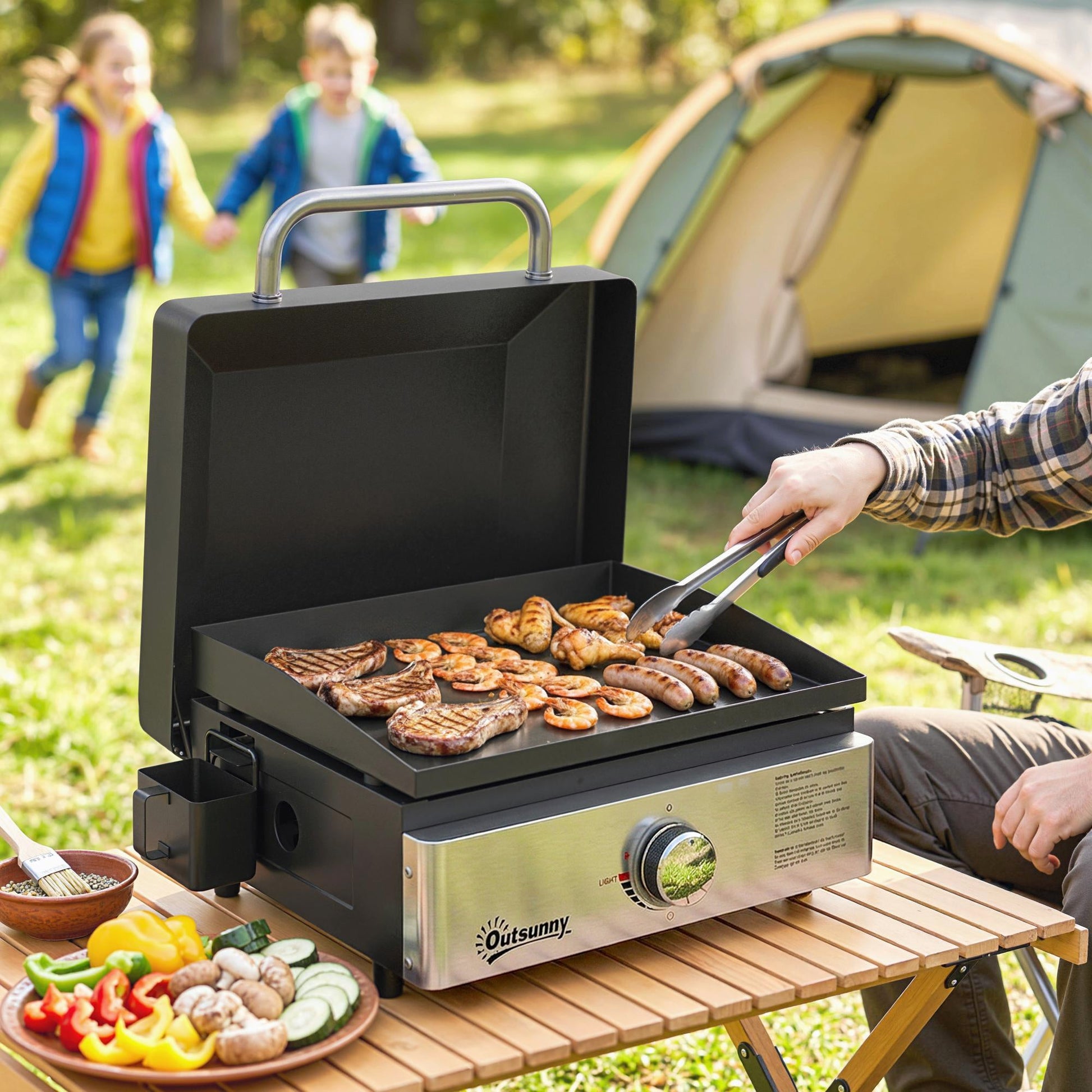 Grill Griddle, Portable Gas Plancha, 3.5 kW, Tabletop Gas BBQ with Grease Cup for Camping Picnic Patios, Black