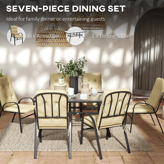 7 Pieces Garden Dining Set, Outdoor Dining Set with Cushions, Tempered Glass Top Table, Umbrella Hole, Texteline Seats, 6 Seater Garden Table and Chairs, Beige