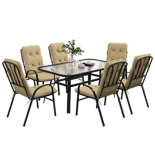 7 Pieces Garden Dining Set, Outdoor Dining Set with Cushions, Tempered Glass Top Table, Umbrella Hole, Texteline Seats, 6 Seater Garden Table and Chairs, Beige